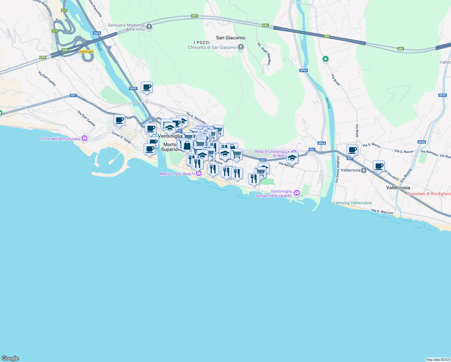 map of restaurants, bars, coffee shops, grocery stores, and more near 81 Passeggiata Cavallotti in Ventimiglia