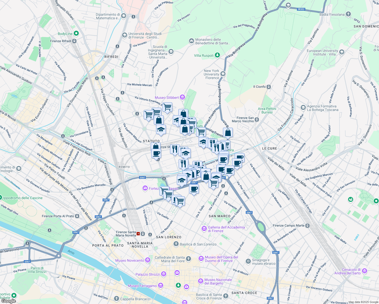 map of restaurants, bars, coffee shops, grocery stores, and more near 18 Via della Cernaia in Florence