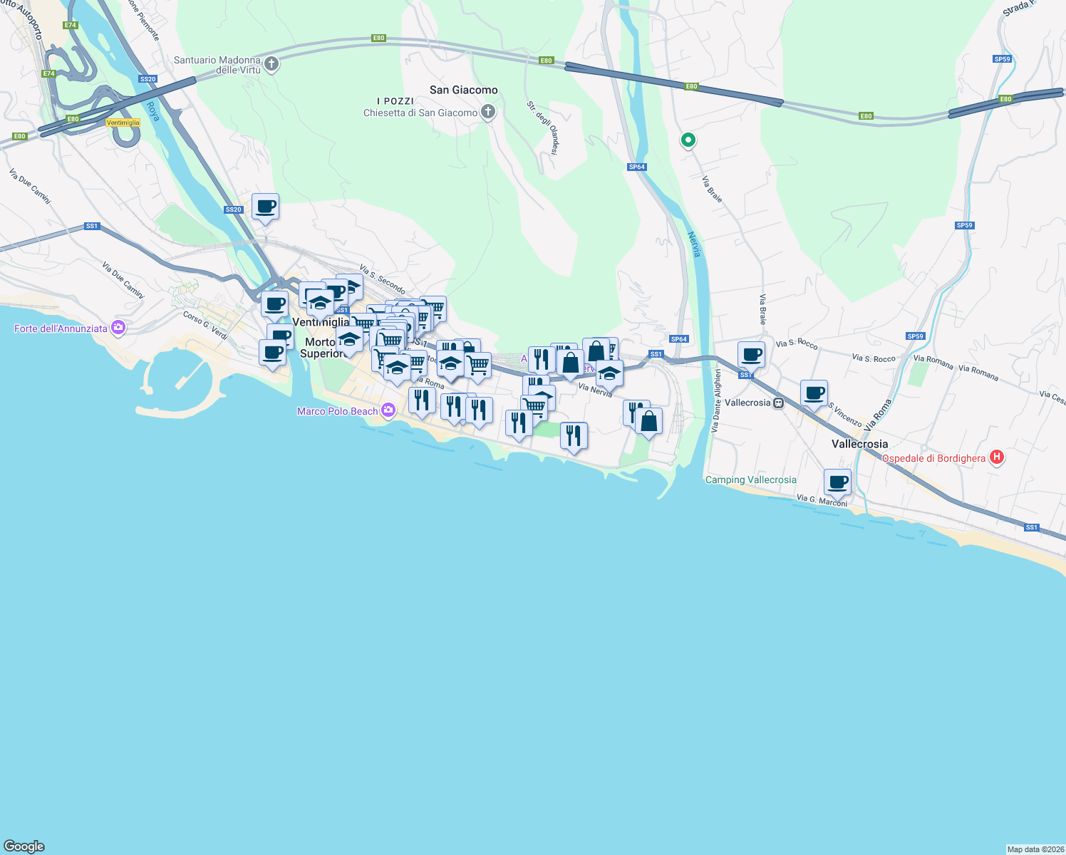 map of restaurants, bars, coffee shops, grocery stores, and more near 21 Via Tacito in Ventimiglia