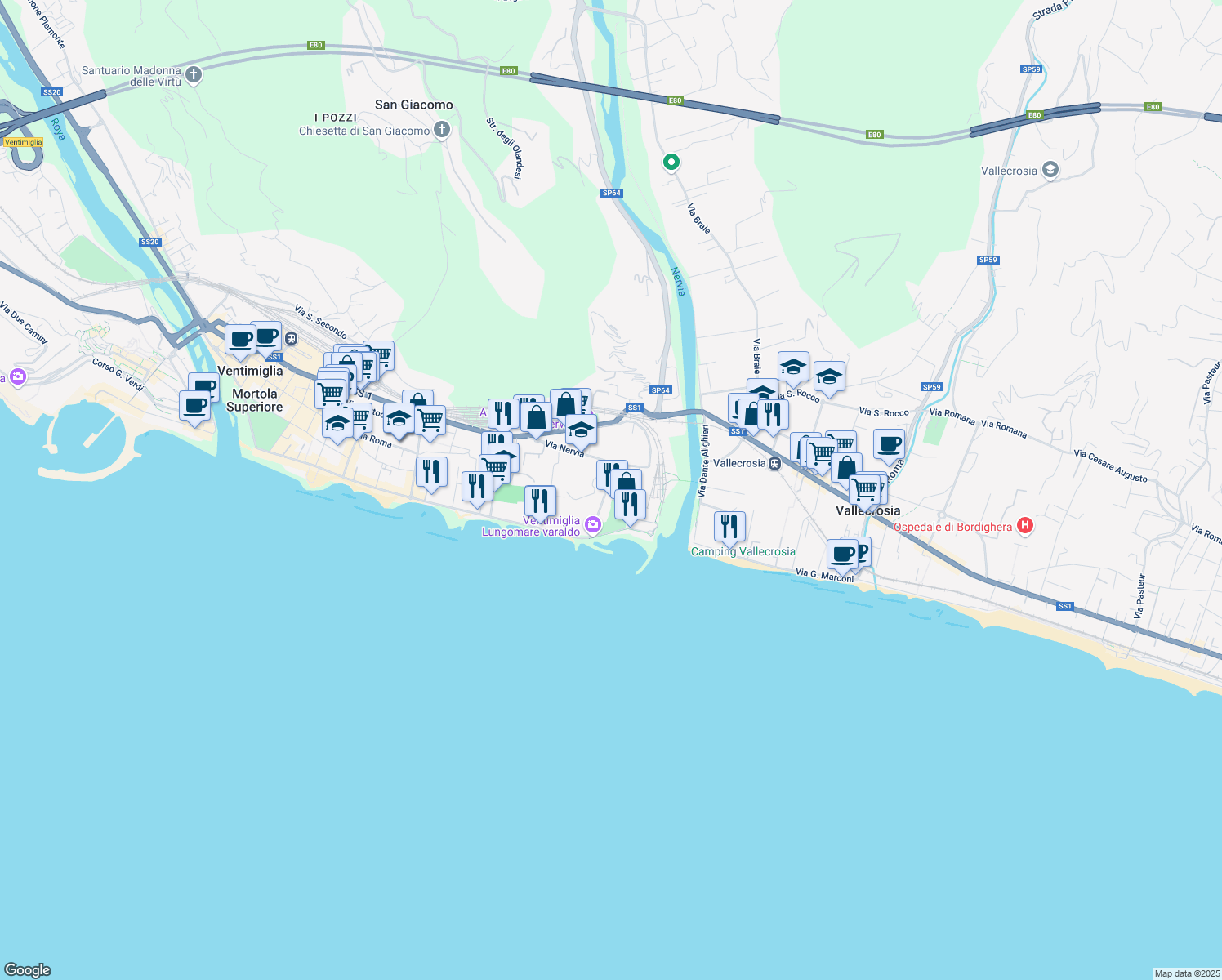 map of restaurants, bars, coffee shops, grocery stores, and more near 9 Via Nino Lamboglia in Ventimiglia