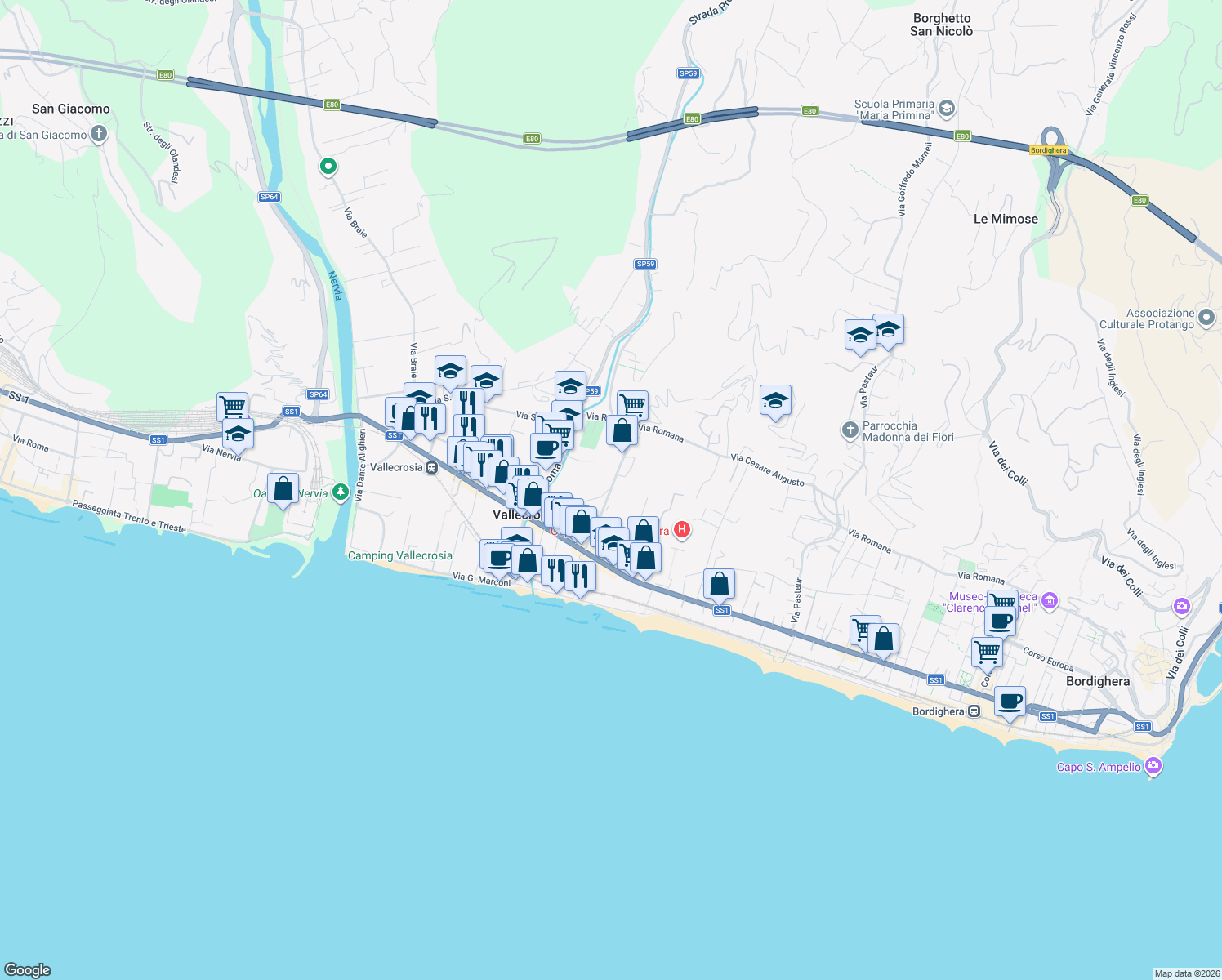 map of restaurants, bars, coffee shops, grocery stores, and more near 43 Via Don Giovanni Bosco in Vallecrosia
