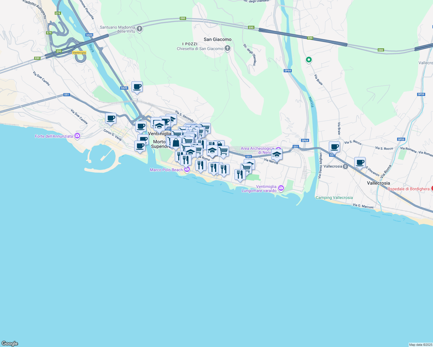 map of restaurants, bars, coffee shops, grocery stores, and more near 81 Passeggiata Cavallotti in Ventimiglia