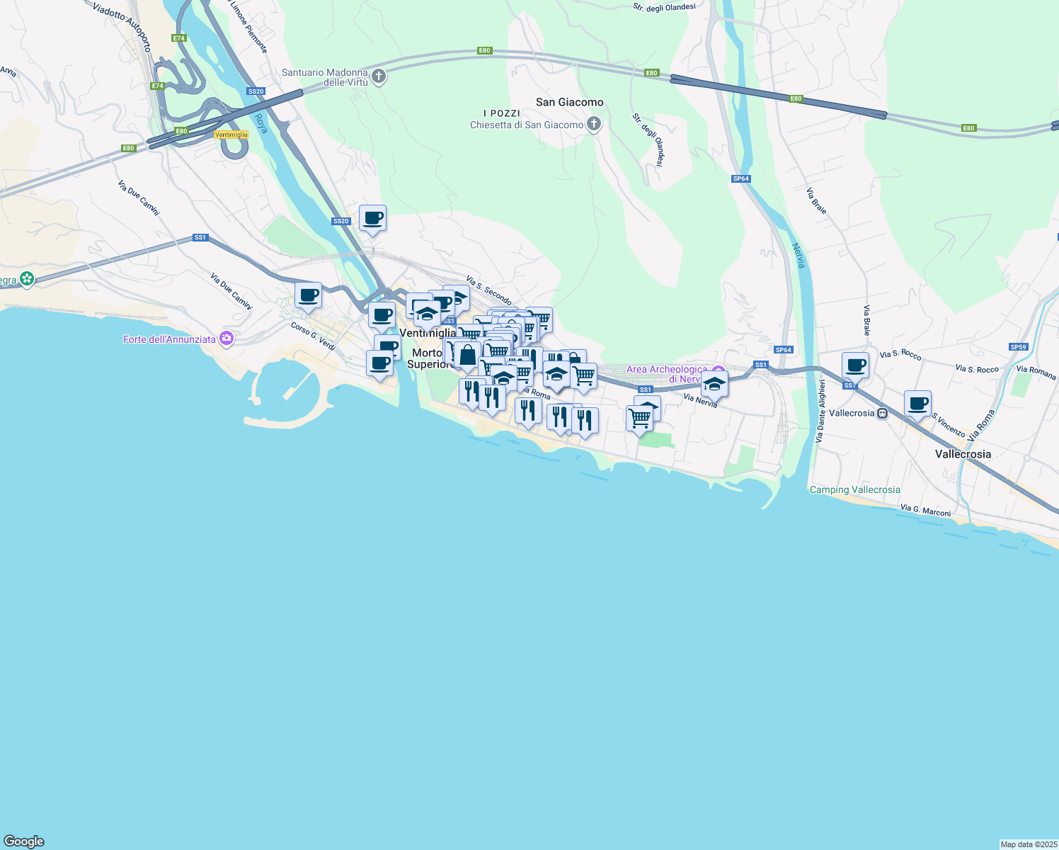map of restaurants, bars, coffee shops, grocery stores, and more near 4 Passeggiata Cavallotti in Ventimiglia