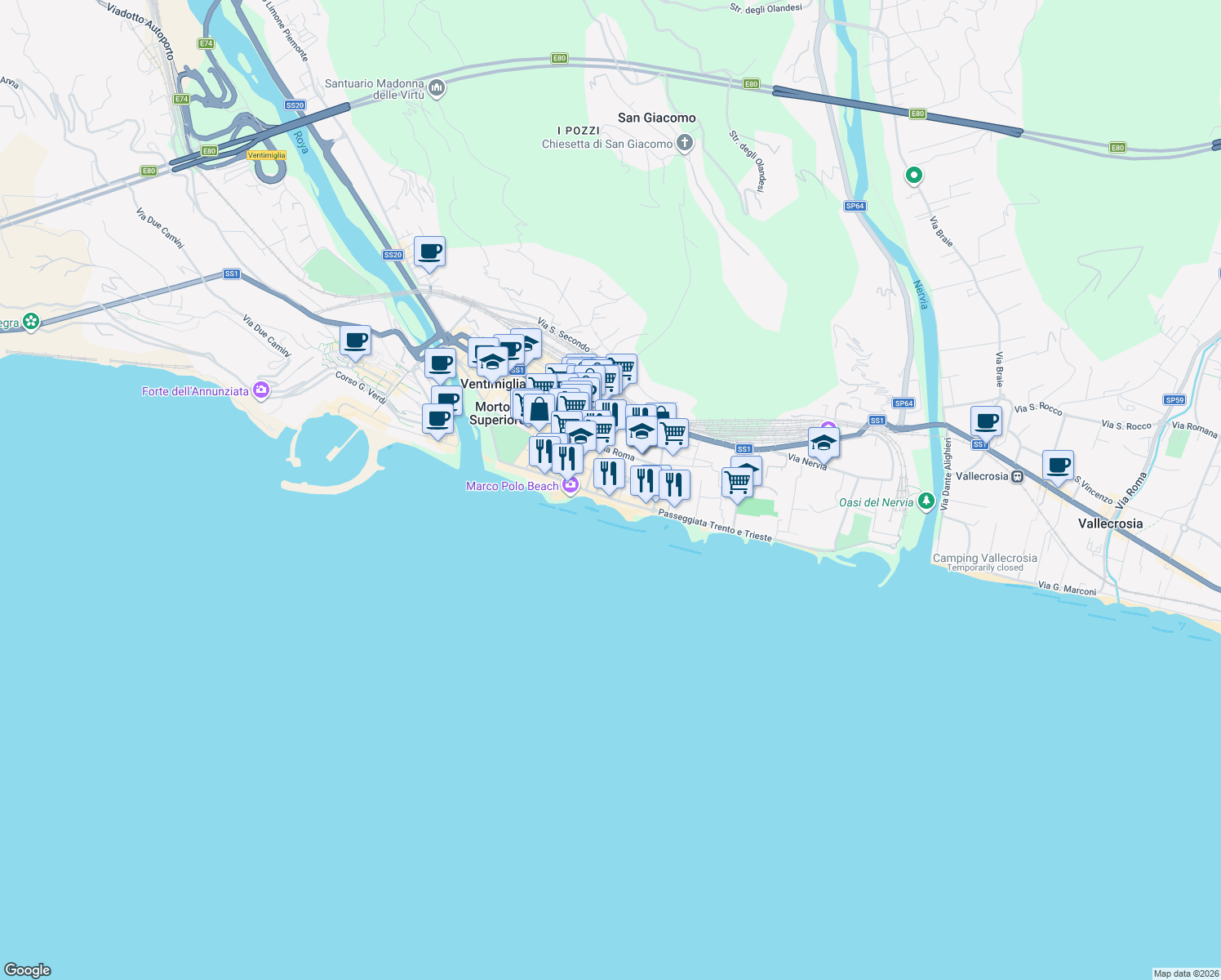 map of restaurants, bars, coffee shops, grocery stores, and more near 4 Passeggiata Cavallotti in Ventimiglia