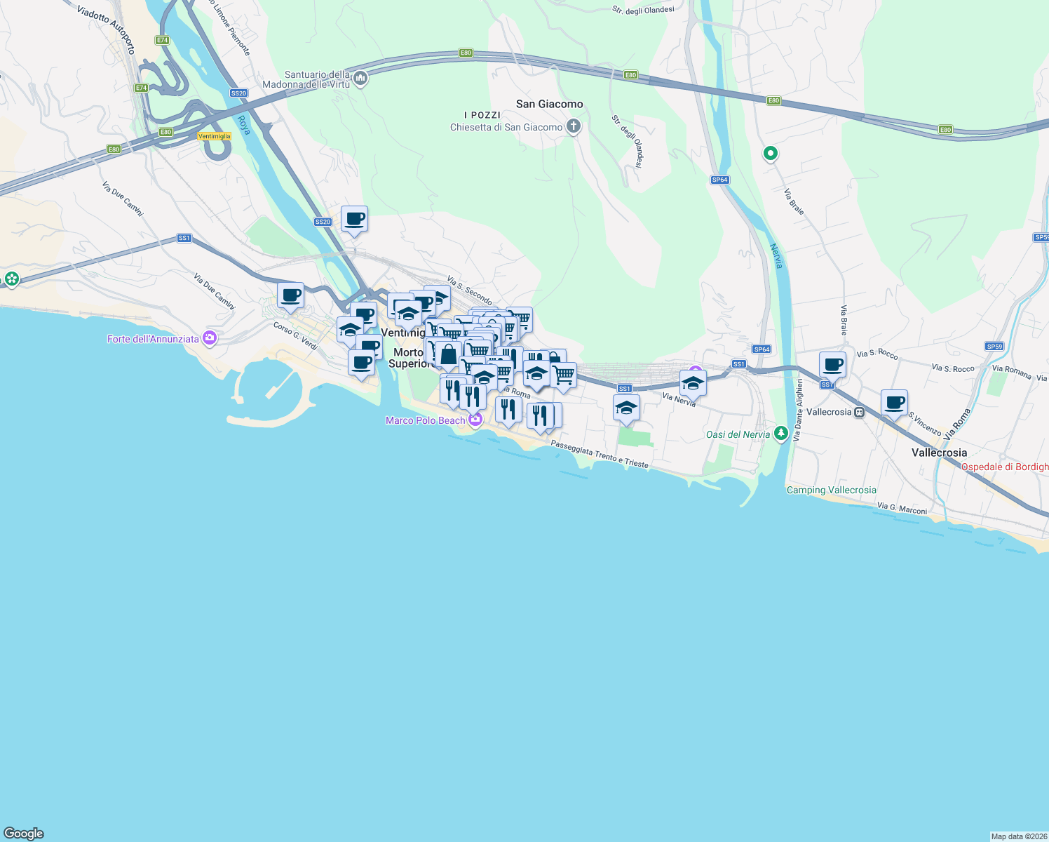 map of restaurants, bars, coffee shops, grocery stores, and more near 23 Via Asse in Ventimiglia