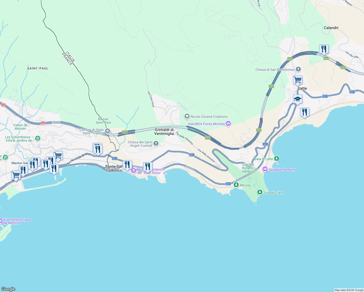 map of restaurants, bars, coffee shops, grocery stores, and more near 18 Via della Pace in Grimaldi