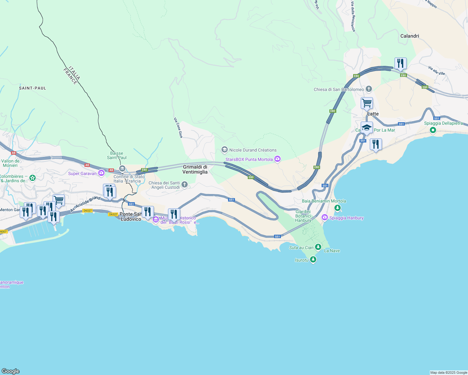 map of restaurants, bars, coffee shops, grocery stores, and more near 8 Via delle Ginestre in Provincia di Imperia