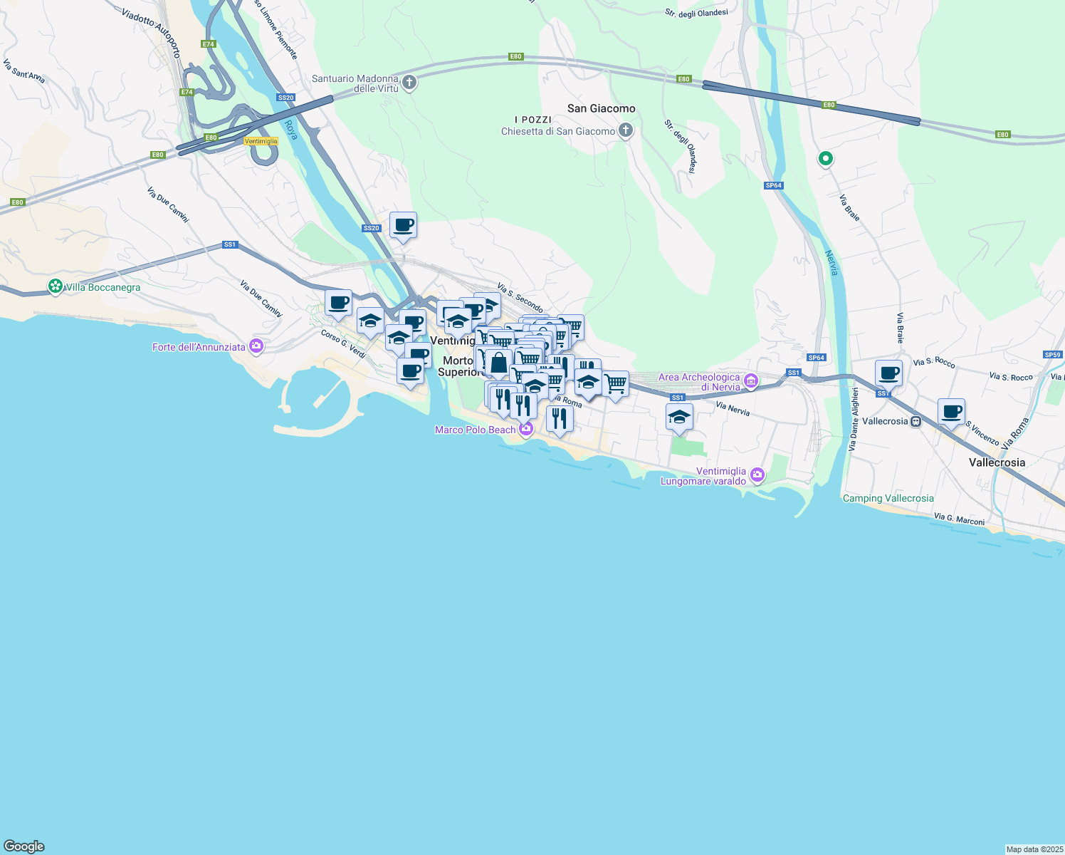 map of restaurants, bars, coffee shops, grocery stores, and more near 41 Via Vittorio Veneto in Ventimiglia