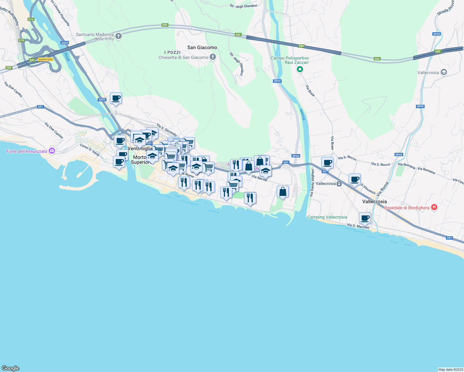 map of restaurants, bars, coffee shops, grocery stores, and more near 8 Via Tacito in Ventimiglia