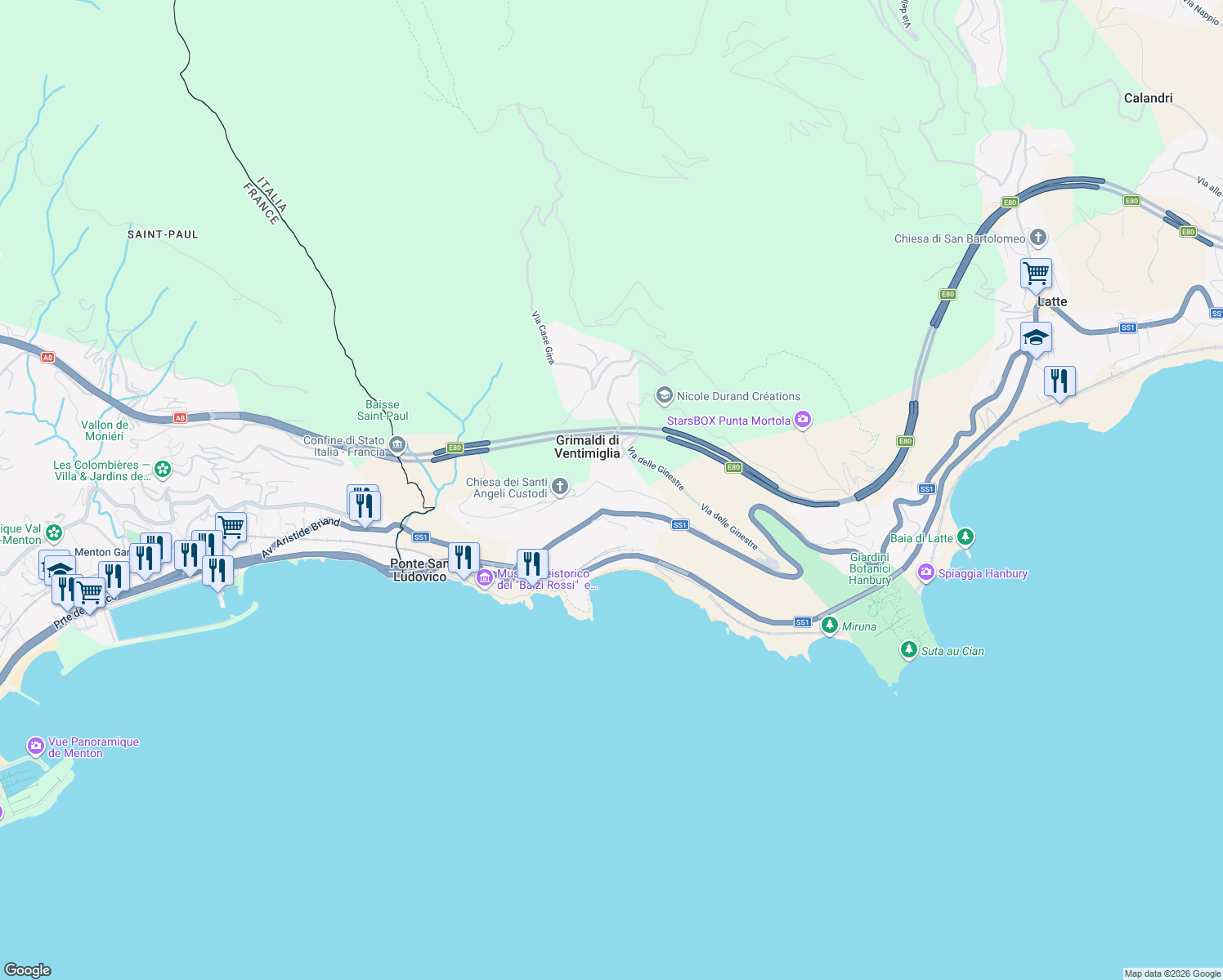 map of restaurants, bars, coffee shops, grocery stores, and more near 18 Via della Pace in Grimaldi
