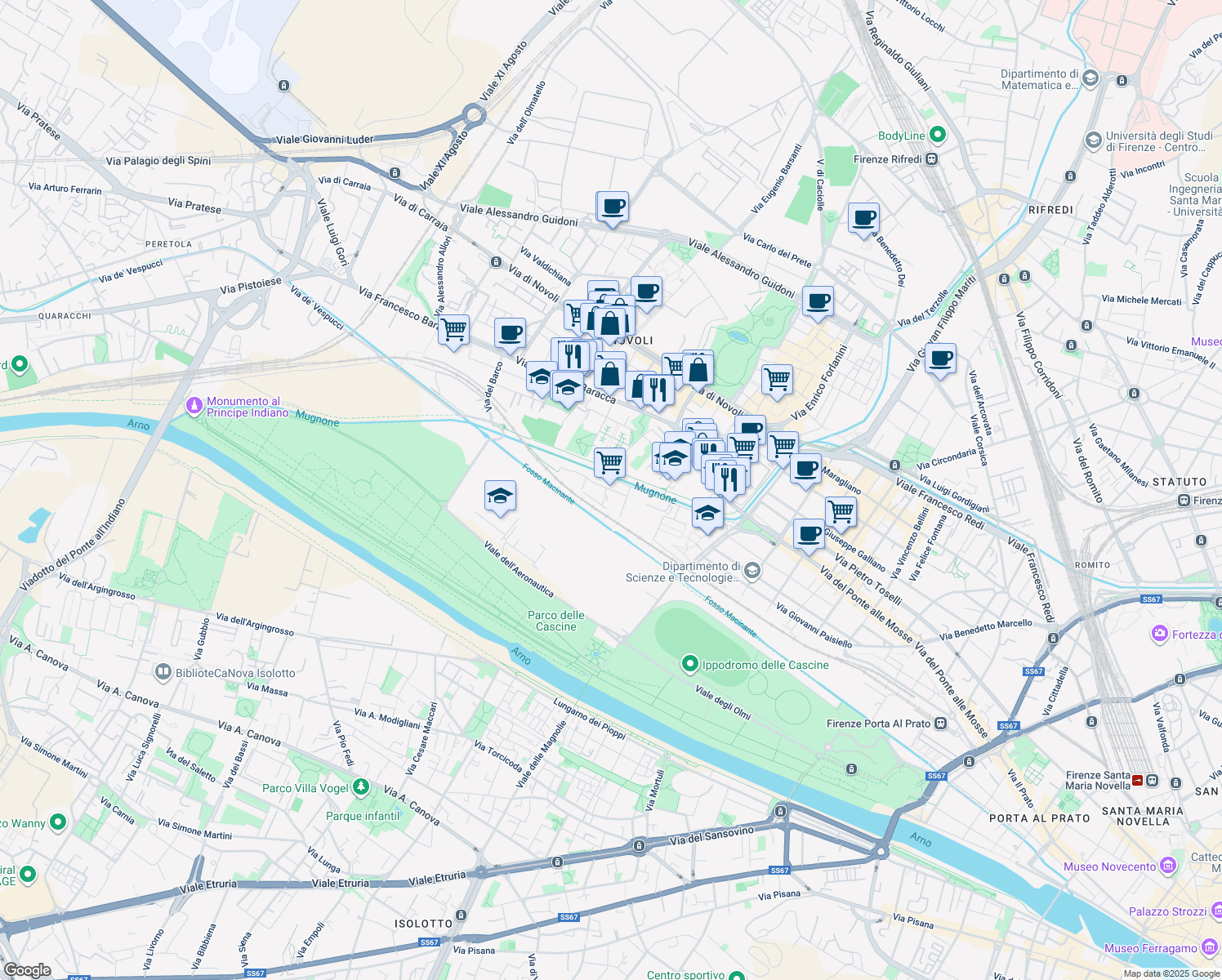 map of restaurants, bars, coffee shops, grocery stores, and more near Via Arrigo Boito in Florence