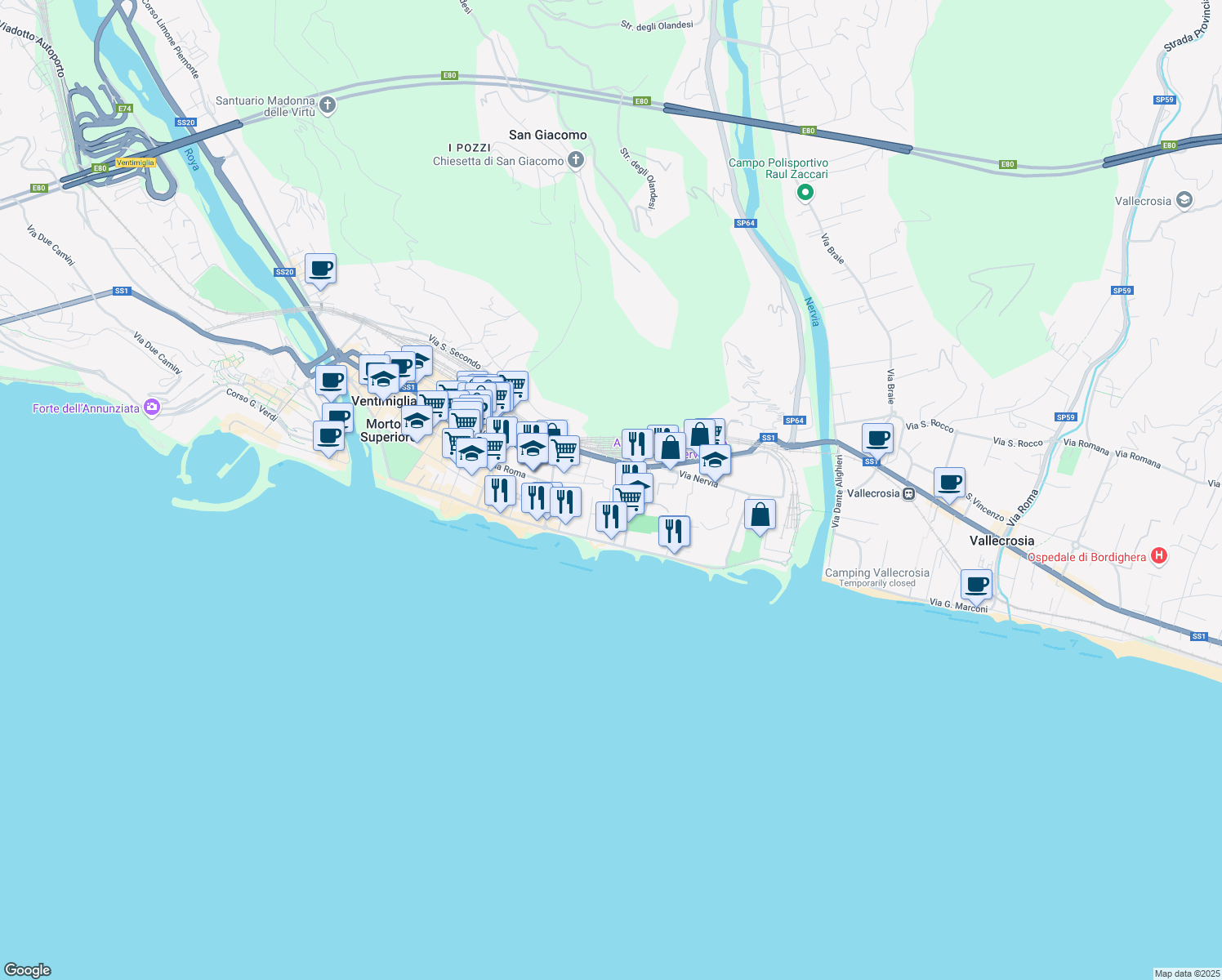 map of restaurants, bars, coffee shops, grocery stores, and more near 8 Via Tacito in Ventimiglia