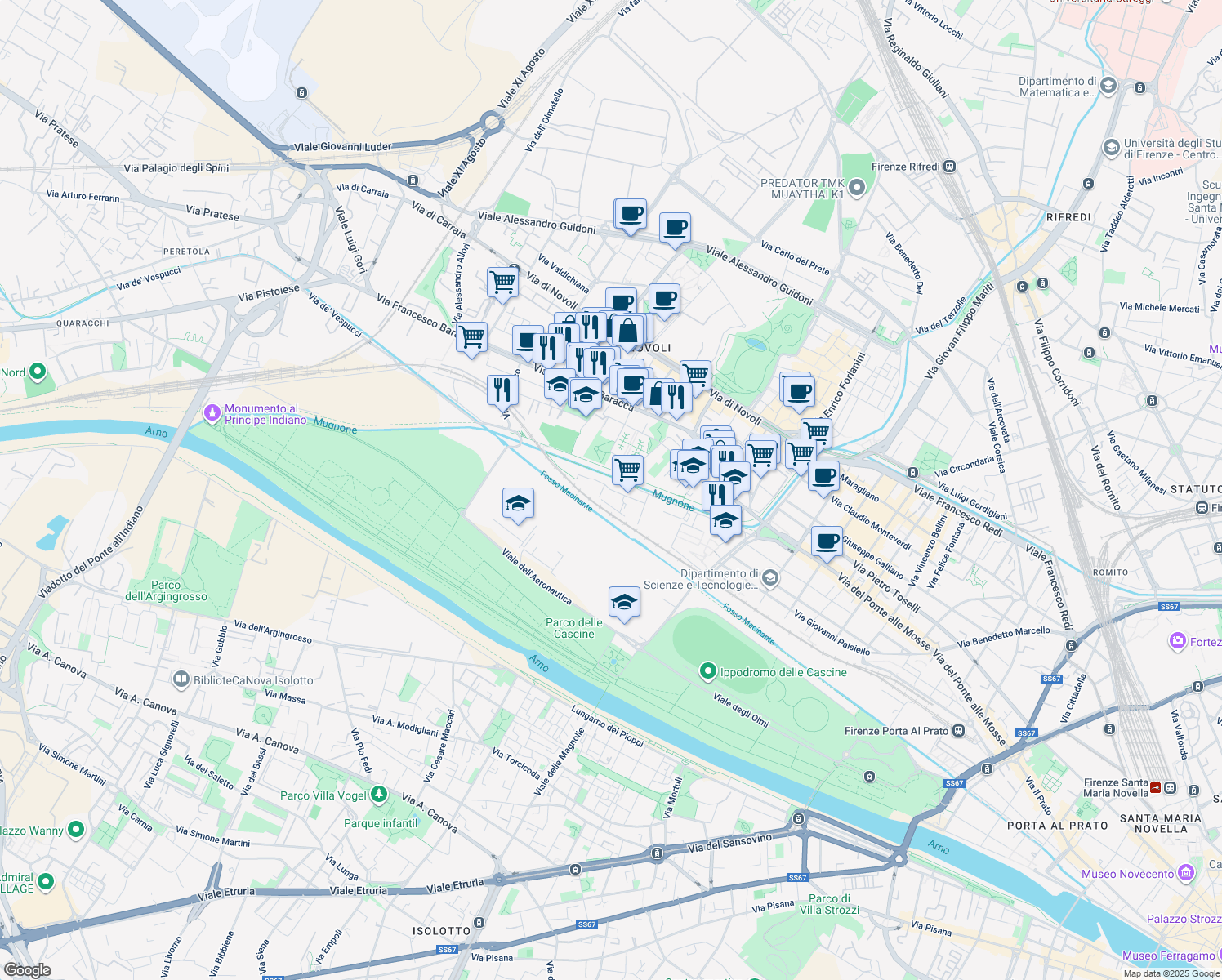 map of restaurants, bars, coffee shops, grocery stores, and more near Via Arrigo Boito in Florence