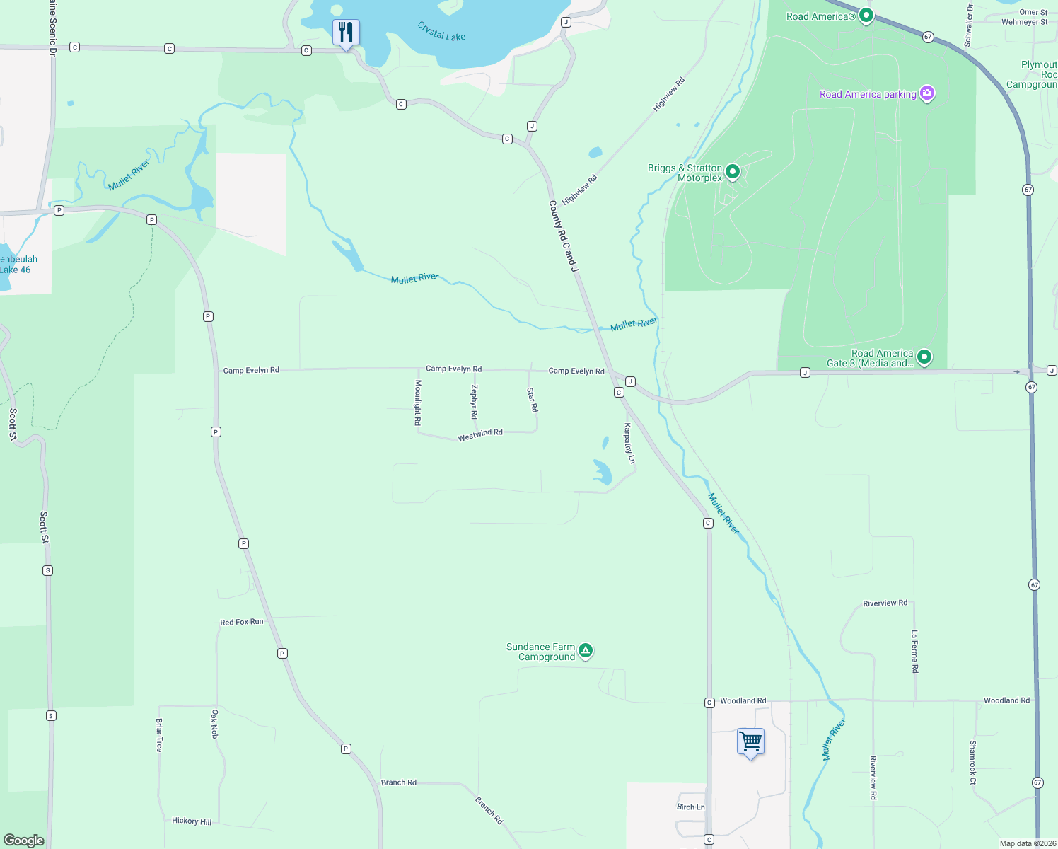 map of restaurants, bars, coffee shops, grocery stores, and more near W6334 Westwind Rd in Plymouth