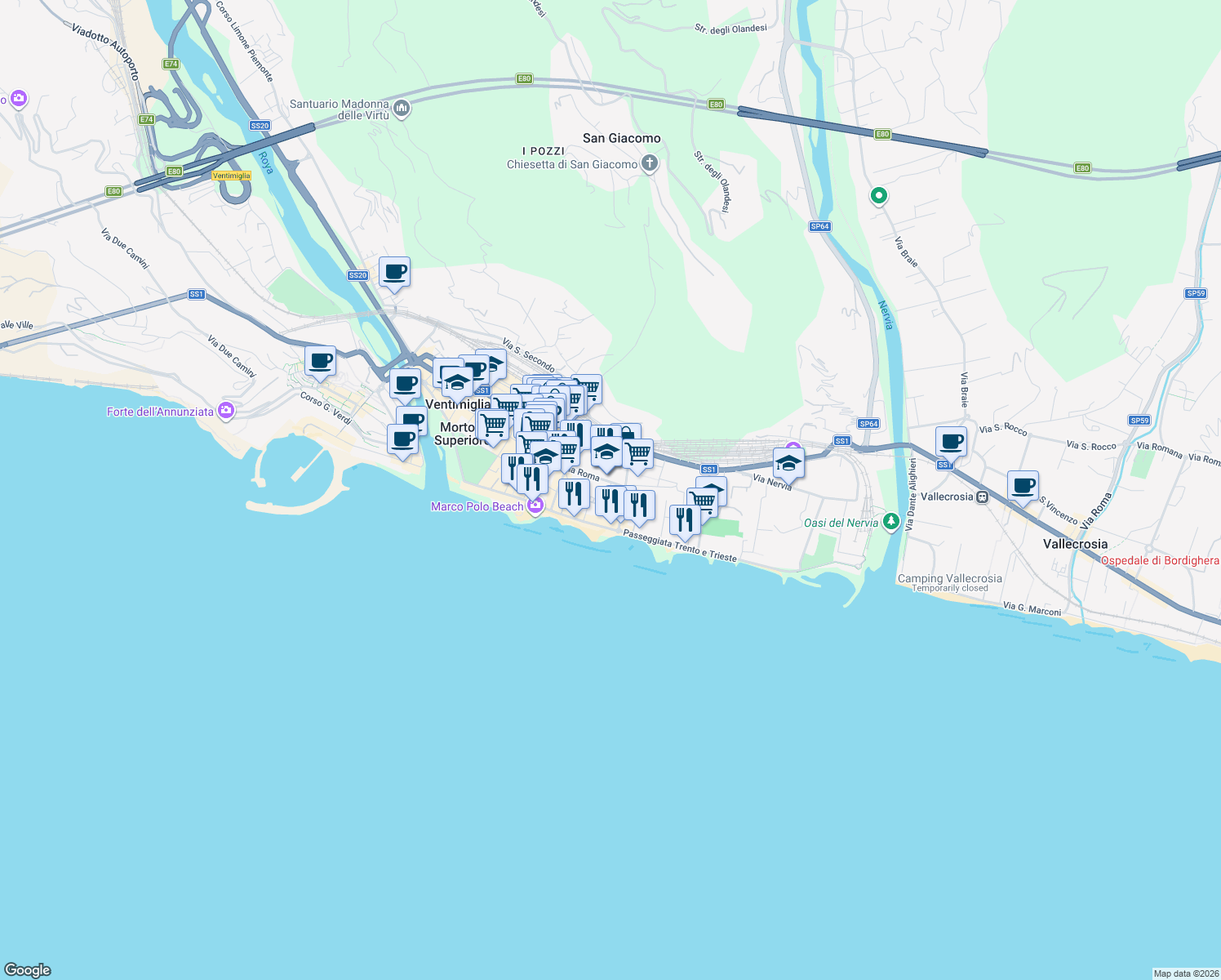 map of restaurants, bars, coffee shops, grocery stores, and more near 78 Via Roma in Ventimiglia