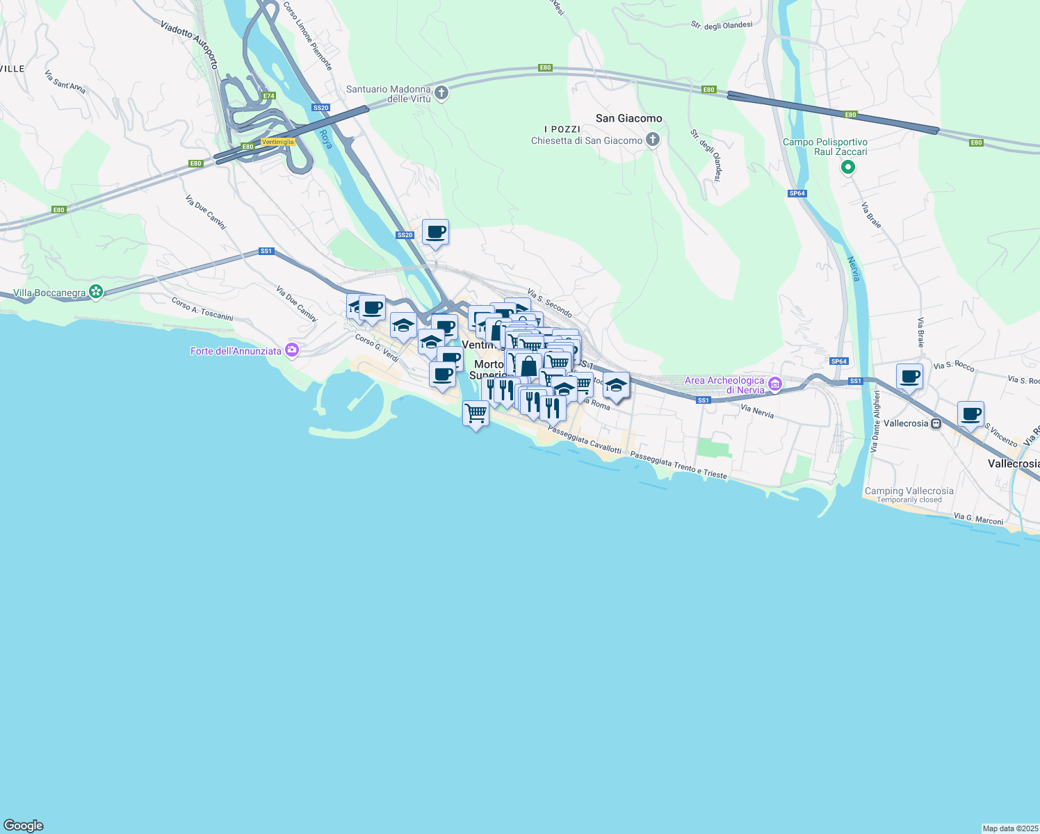 map of restaurants, bars, coffee shops, grocery stores, and more near 11 Passeggiata Guglielmo Oberdan in Ventimiglia