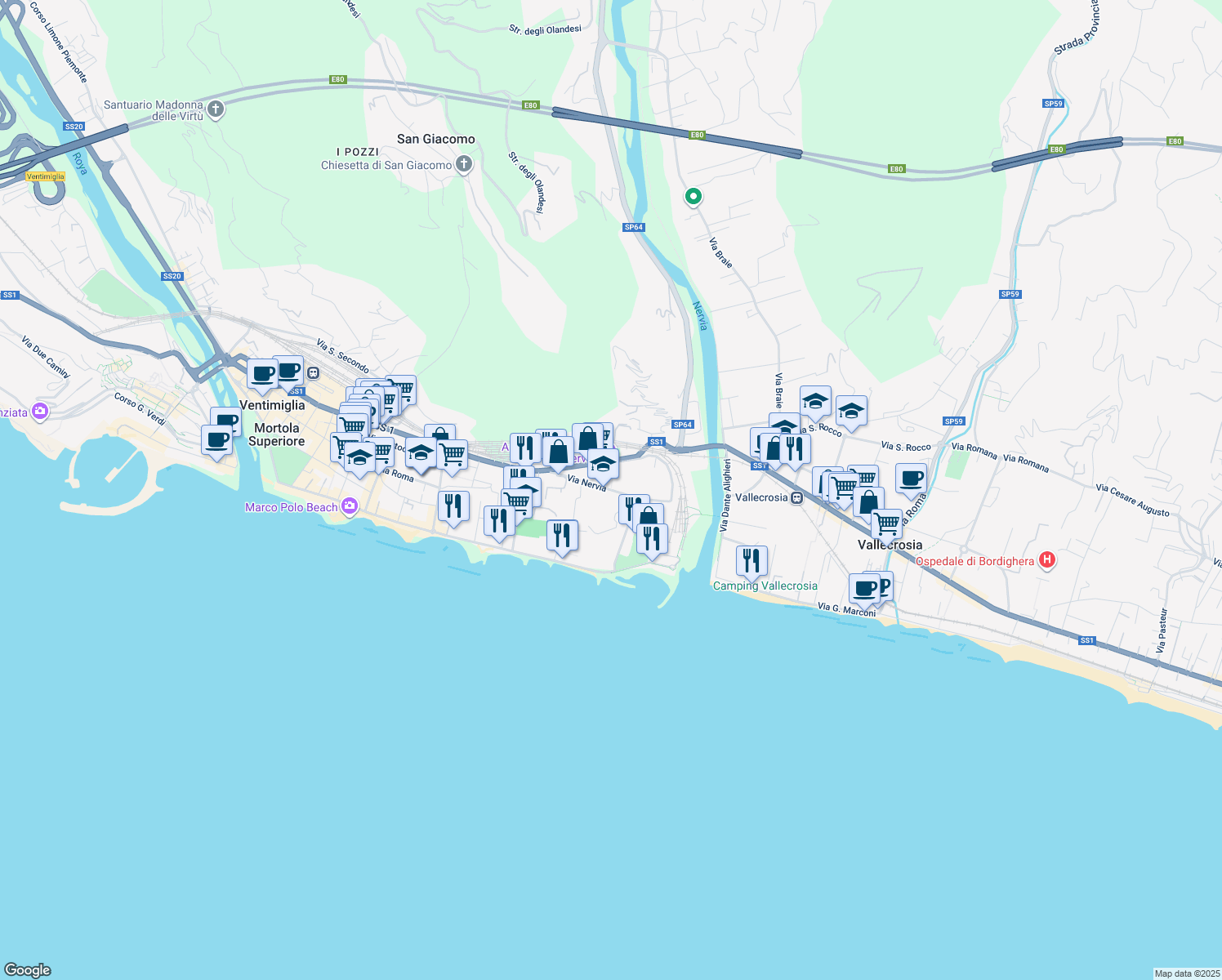 map of restaurants, bars, coffee shops, grocery stores, and more near 37 Via Nervia in Ventimiglia