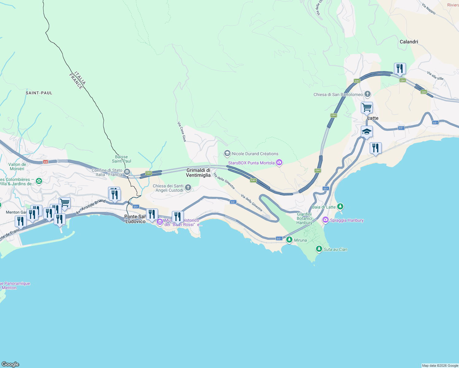 map of restaurants, bars, coffee shops, grocery stores, and more near 8e Via della Pace in Grimaldi