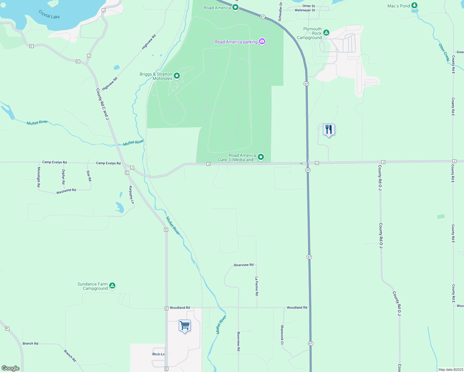 map of restaurants, bars, coffee shops, grocery stores, and more near N6803 Rocky Ln in Plymouth