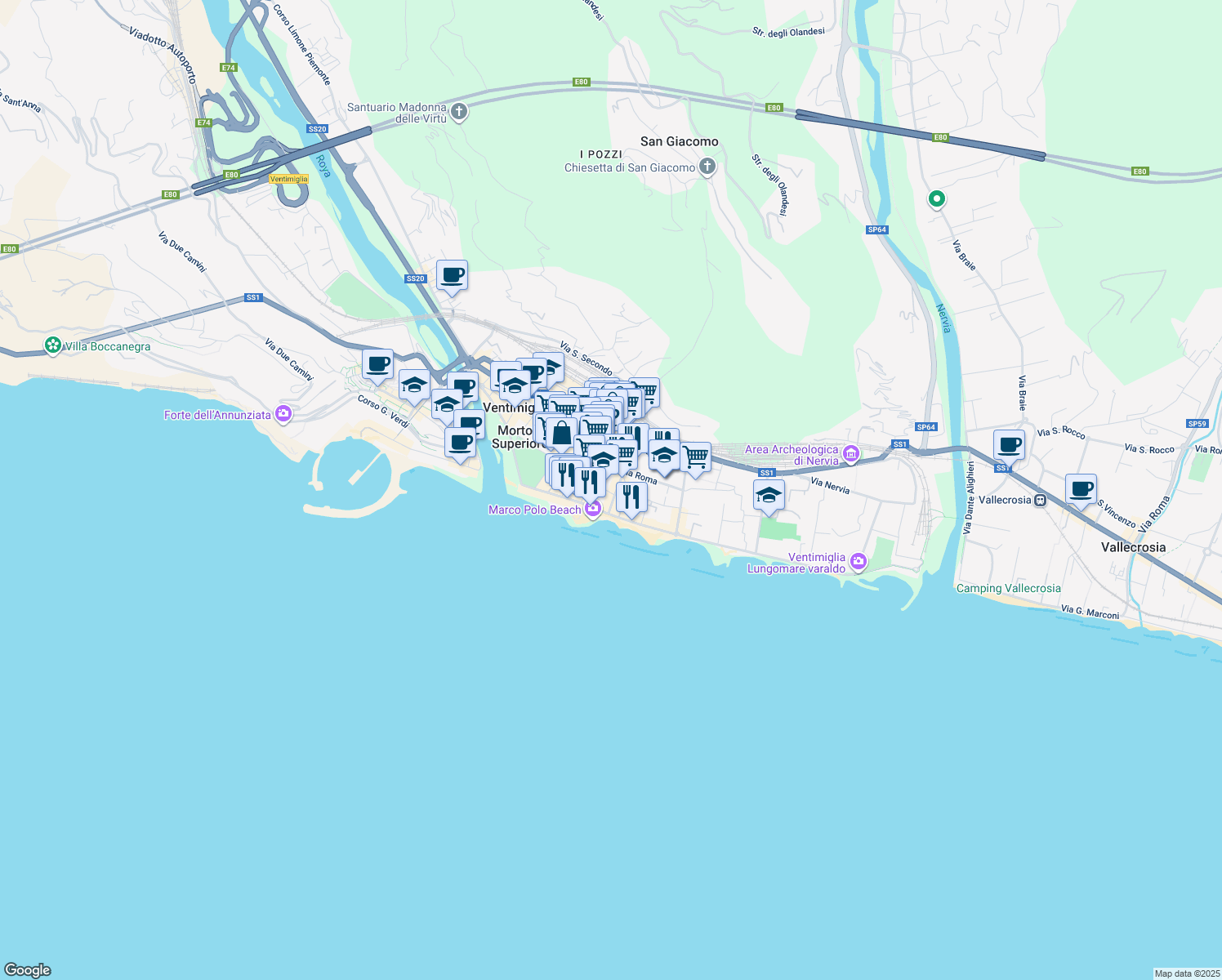 map of restaurants, bars, coffee shops, grocery stores, and more near 41 Via Vittorio Veneto in Ventimiglia