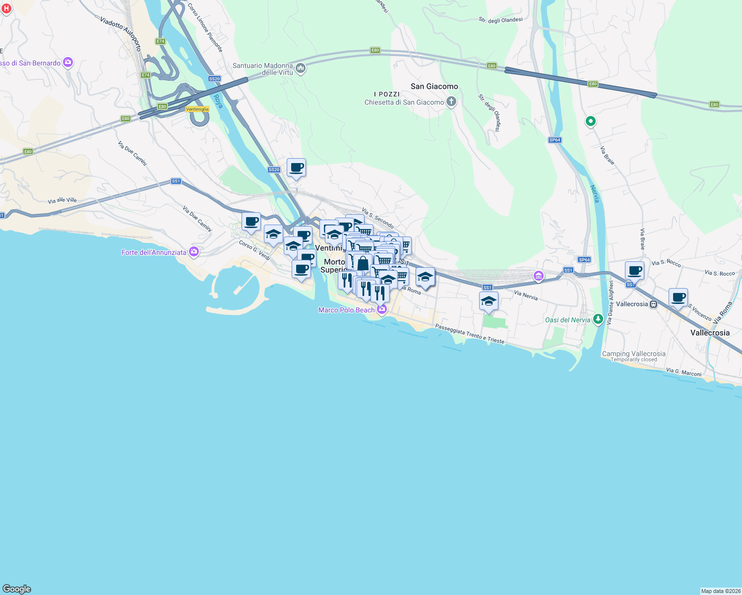 map of restaurants, bars, coffee shops, grocery stores, and more near 36 Via Chiappori in Ventimiglia