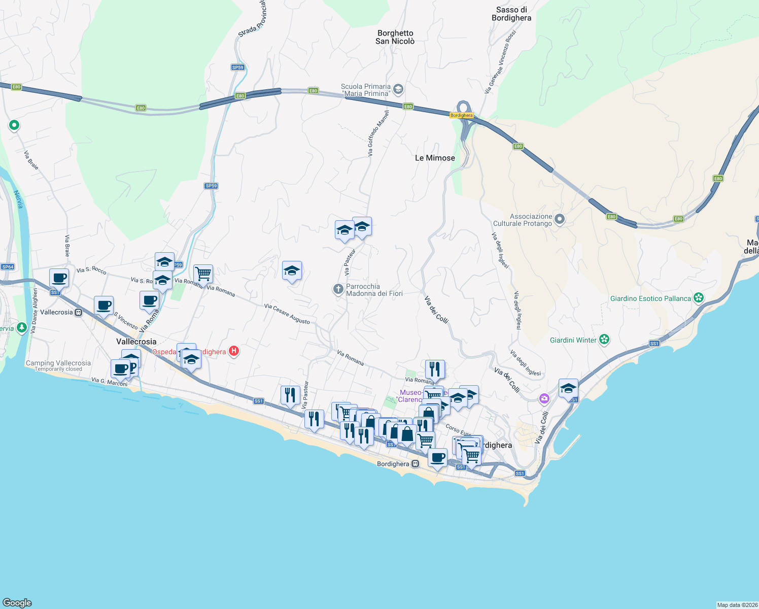 map of restaurants, bars, coffee shops, grocery stores, and more near 72 Via Coggiola in Bordighera