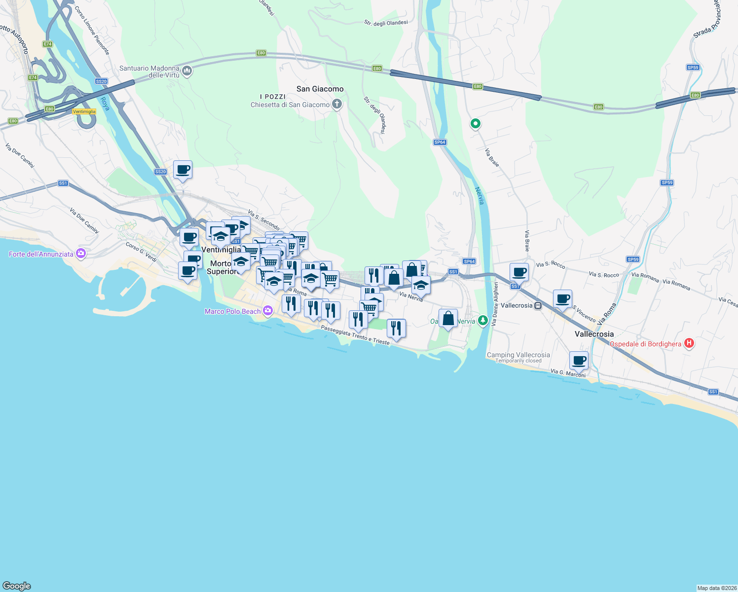 map of restaurants, bars, coffee shops, grocery stores, and more near 8 Via Tacito in Ventimiglia