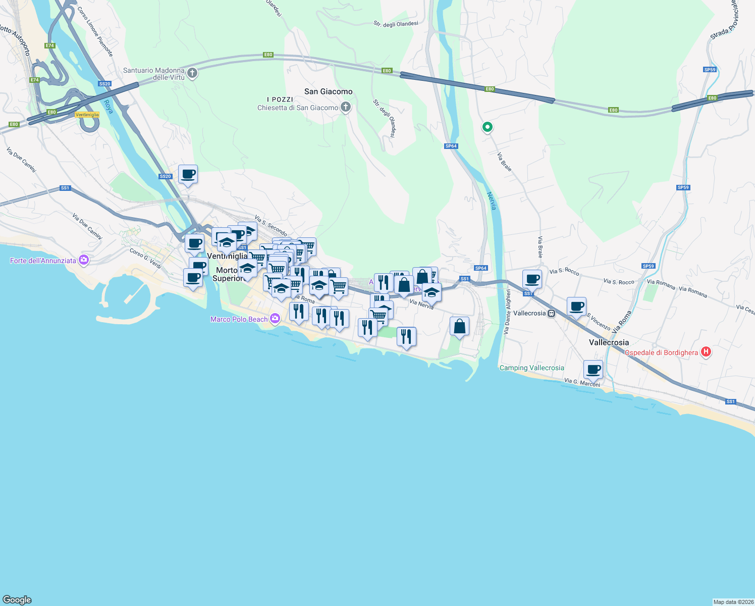map of restaurants, bars, coffee shops, grocery stores, and more near 8 Via Tacito in Ventimiglia
