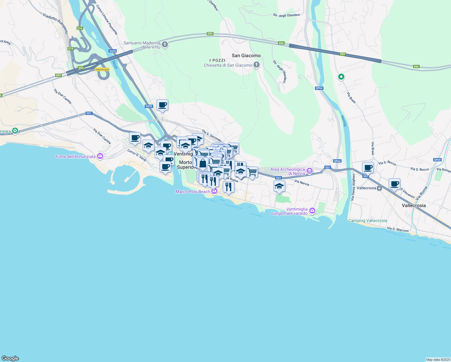 map of restaurants, bars, coffee shops, grocery stores, and more near 41 Via Vittorio Veneto in Ventimiglia