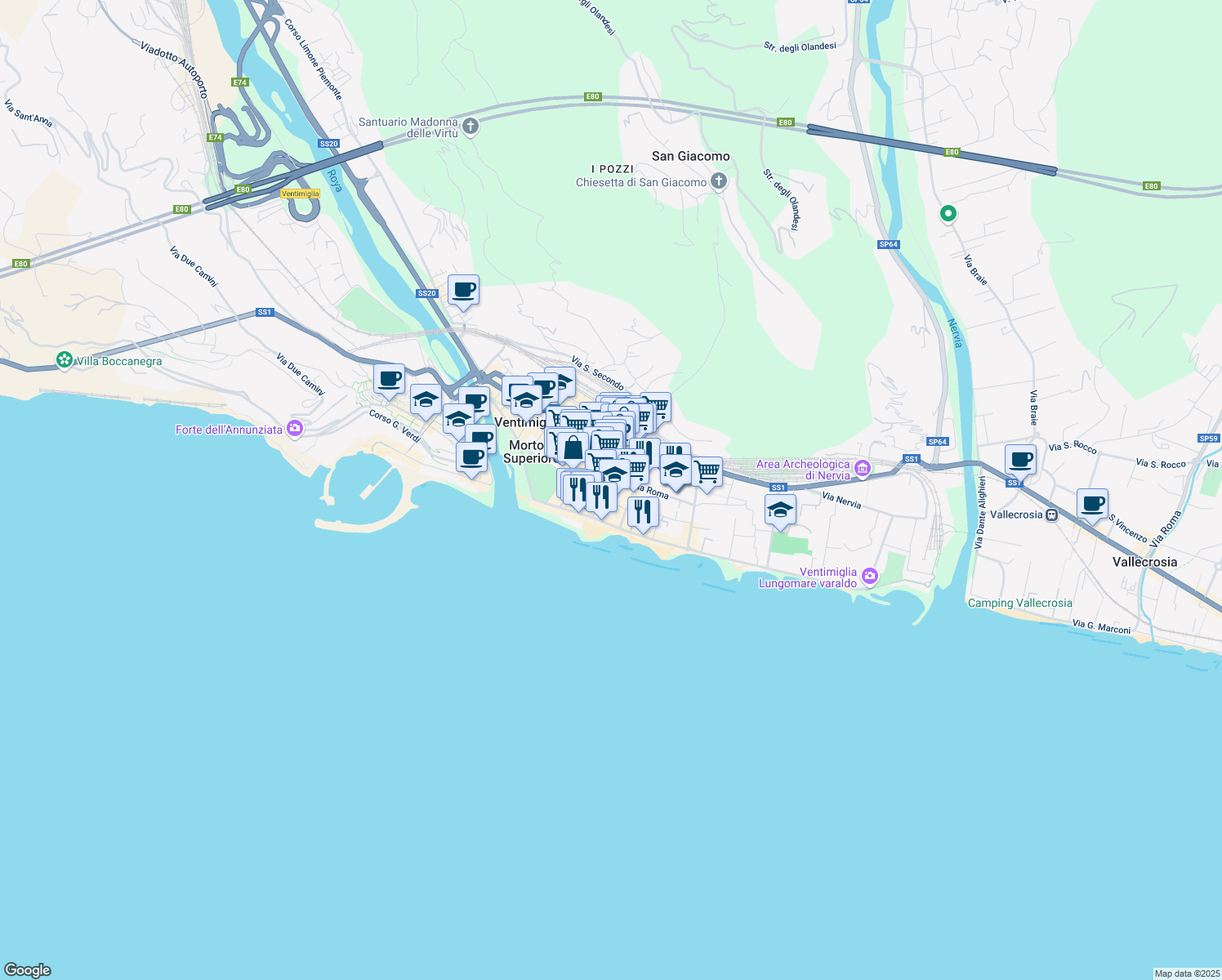 map of restaurants, bars, coffee shops, grocery stores, and more near 13 Via Ernesto Chiappori in Ventimiglia