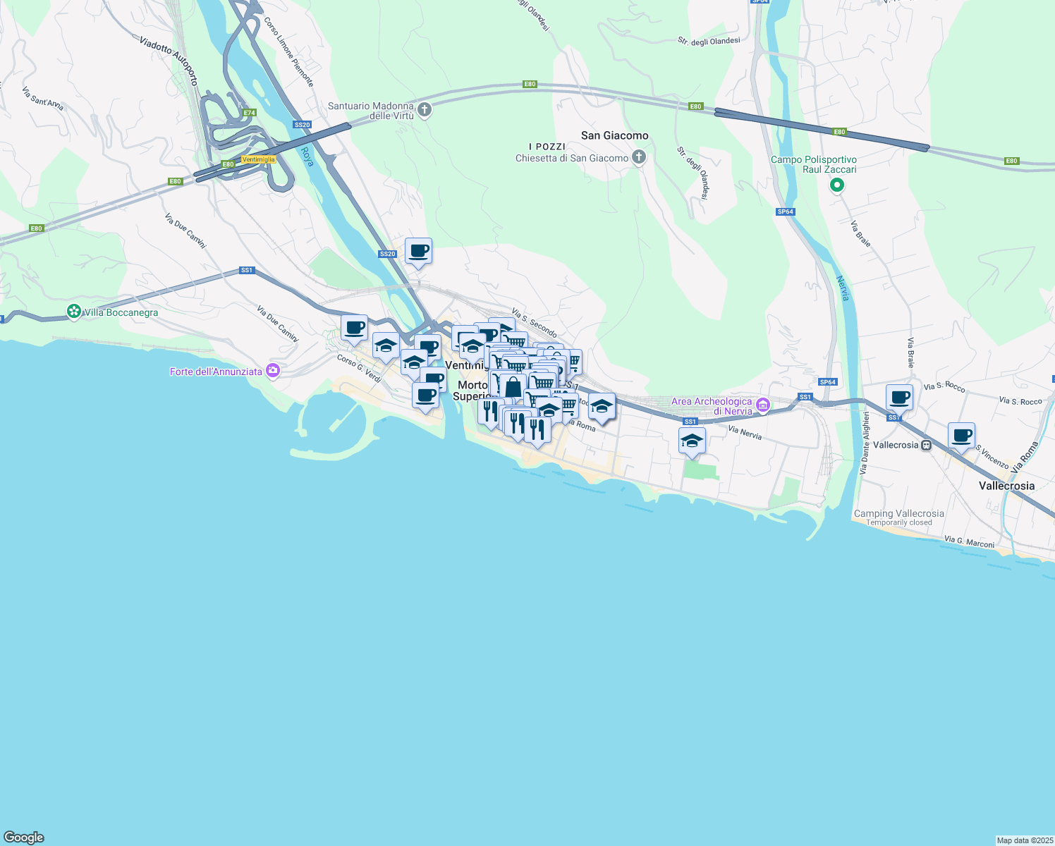 map of restaurants, bars, coffee shops, grocery stores, and more near 36 Via Chiappori in Ventimiglia