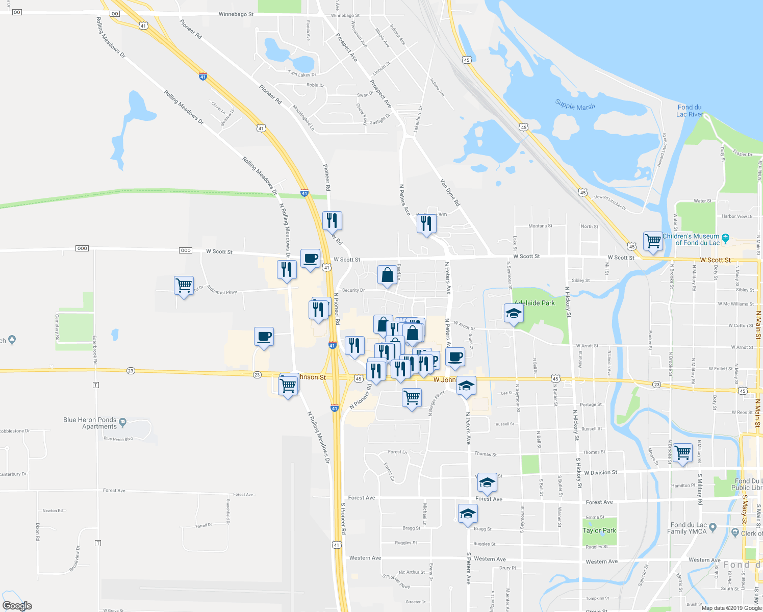 map of restaurants, bars, coffee shops, grocery stores, and more near 836 Security Drive in Fond du Lac