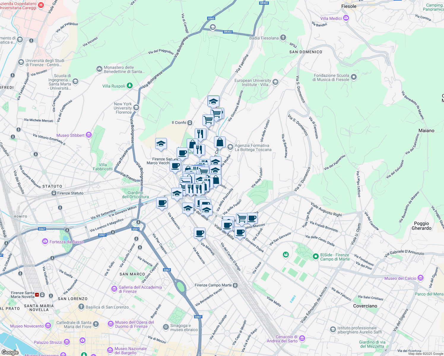 map of restaurants, bars, coffee shops, grocery stores, and more near 41-47 Via Maffei in Firenze