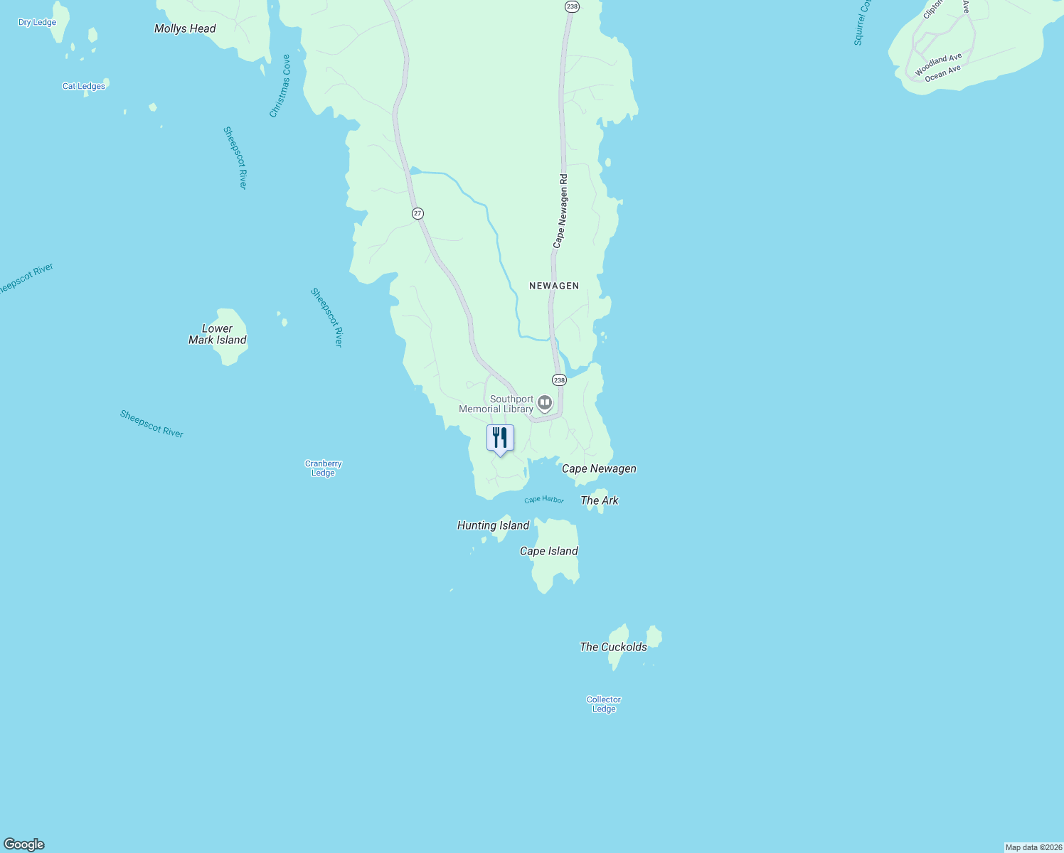 map of restaurants, bars, coffee shops, grocery stores, and more near 12 Gray Road in Southport