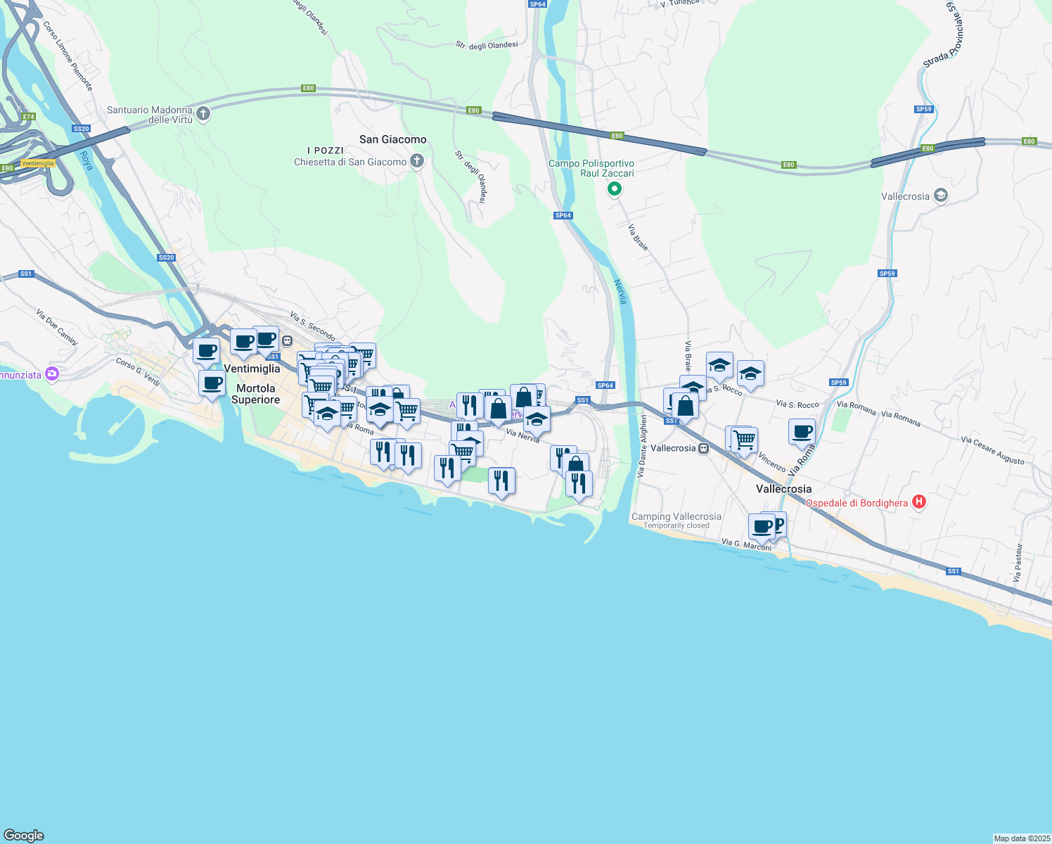 map of restaurants, bars, coffee shops, grocery stores, and more near 116 Corso Genova in Ventimiglia
