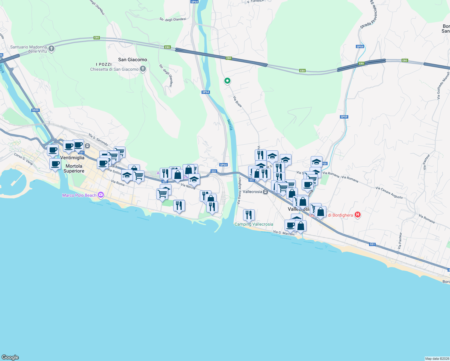 map of restaurants, bars, coffee shops, grocery stores, and more near 83 Via Aurelia in Province of Imperia