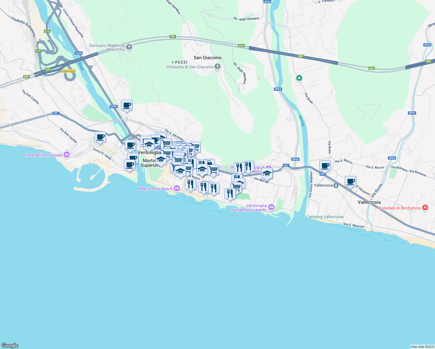 map of restaurants, bars, coffee shops, grocery stores, and more near 56F Corso Genova in Ventimiglia