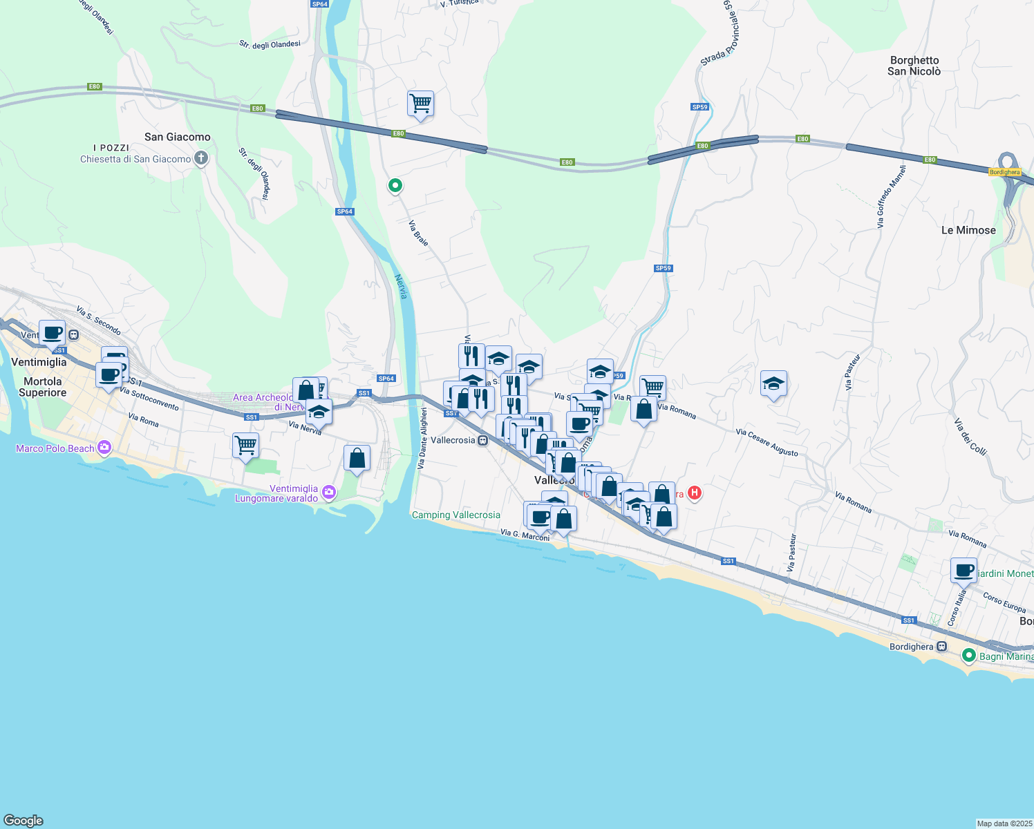 map of restaurants, bars, coffee shops, grocery stores, and more near 160 Via Papa Giovanni XXIII in Vallecrosia
