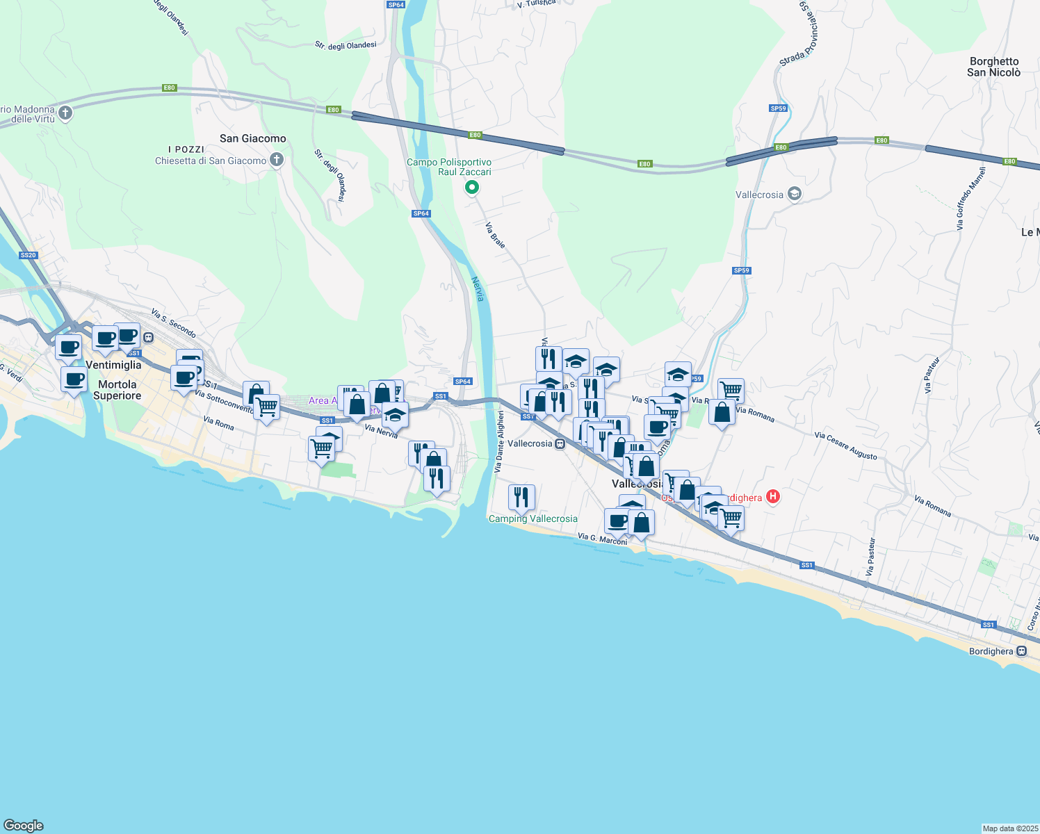 map of restaurants, bars, coffee shops, grocery stores, and more near Strada Statale 1 in Camporosso