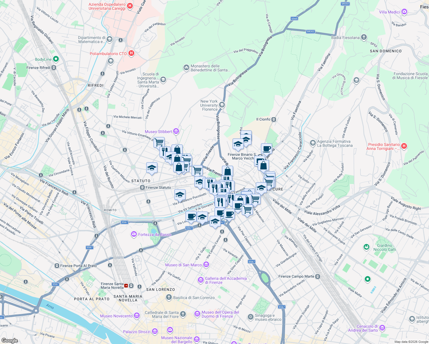 map of restaurants, bars, coffee shops, grocery stores, and more near 18 Via Trento in Florence