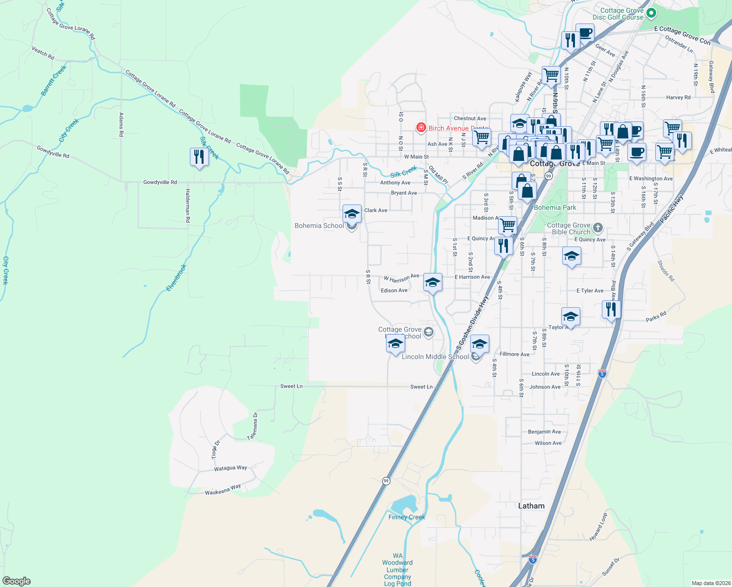 map of restaurants, bars, coffee shops, grocery stores, and more near 947 South R Street in Cottage Grove