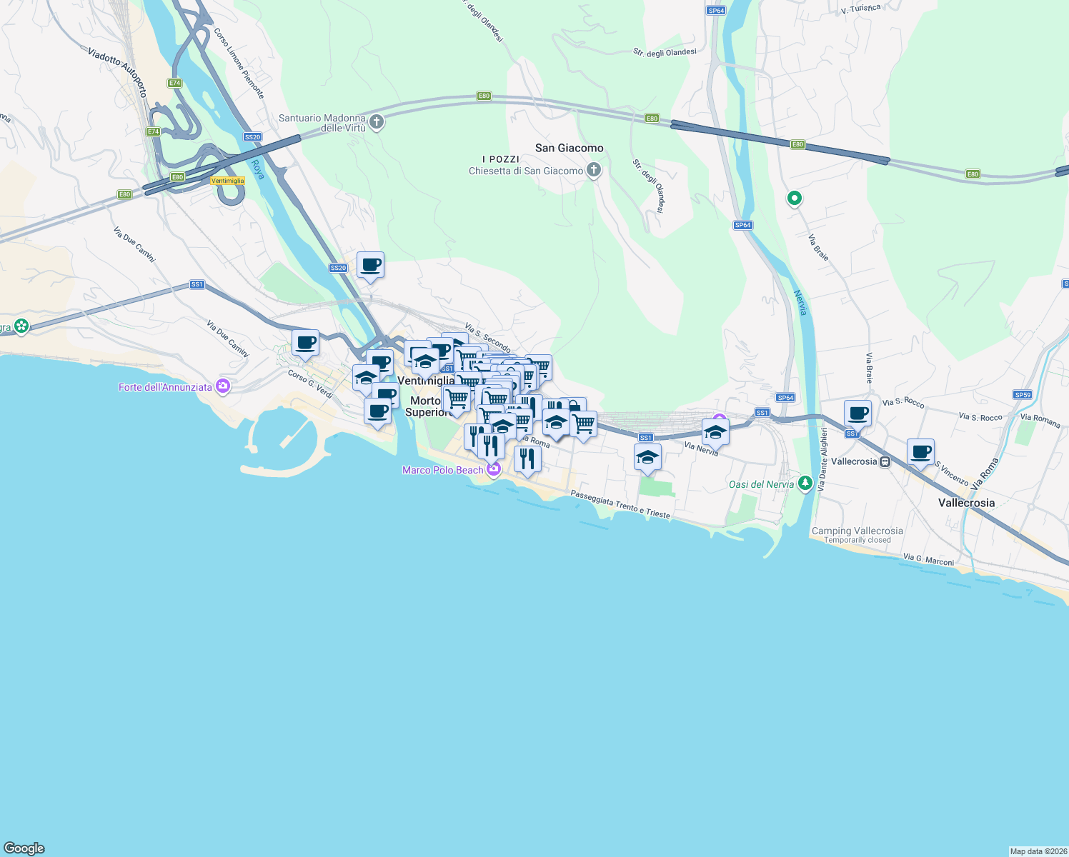 map of restaurants, bars, coffee shops, grocery stores, and more near 55 Via Roma in Ventimiglia
