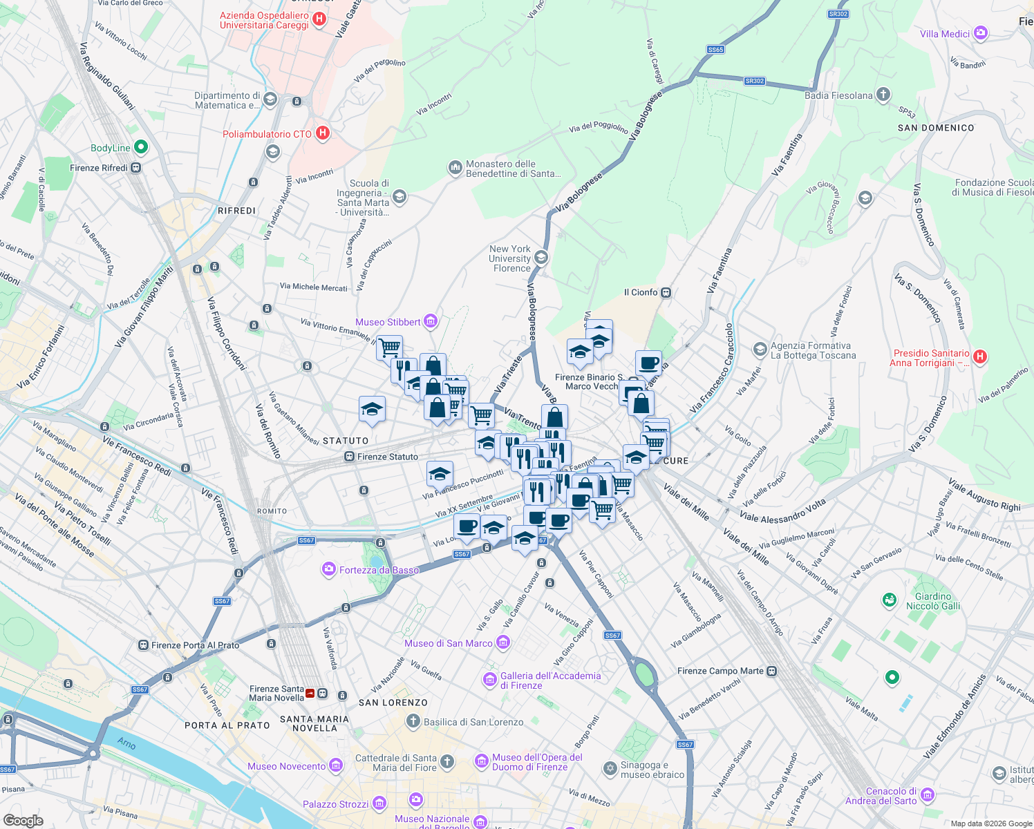 map of restaurants, bars, coffee shops, grocery stores, and more near 18 Via Trento in Firenze