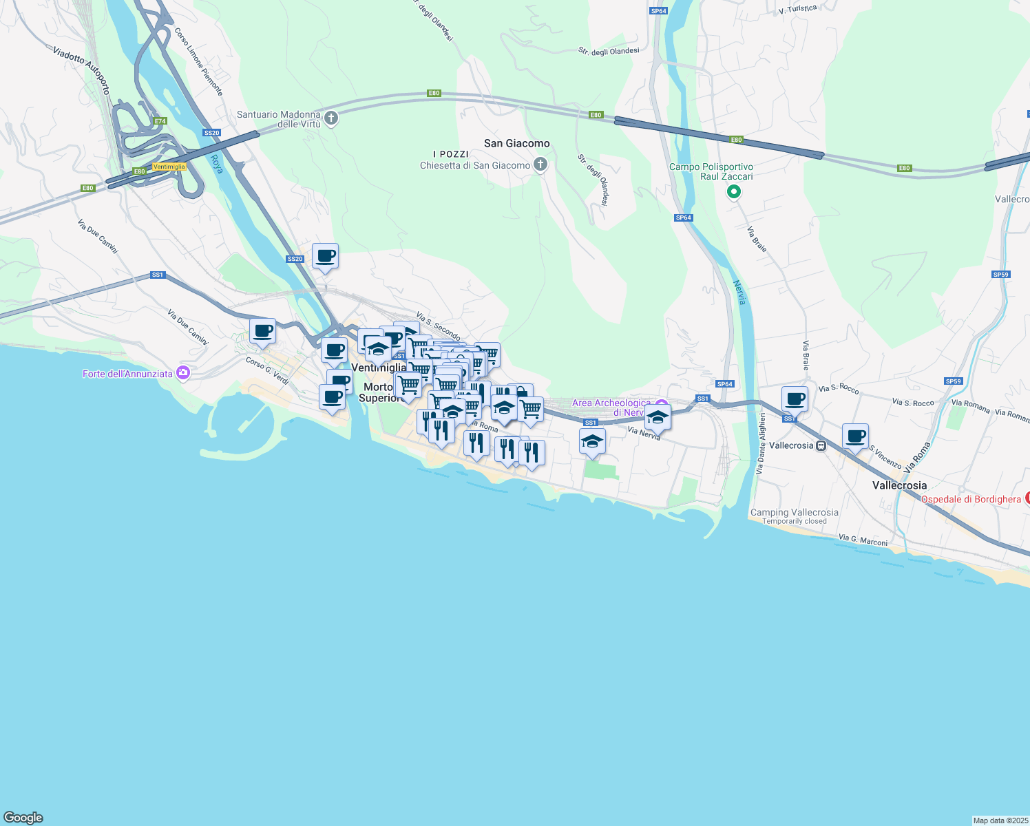 map of restaurants, bars, coffee shops, grocery stores, and more near 49 Via Sottoconvento in Ventimiglia