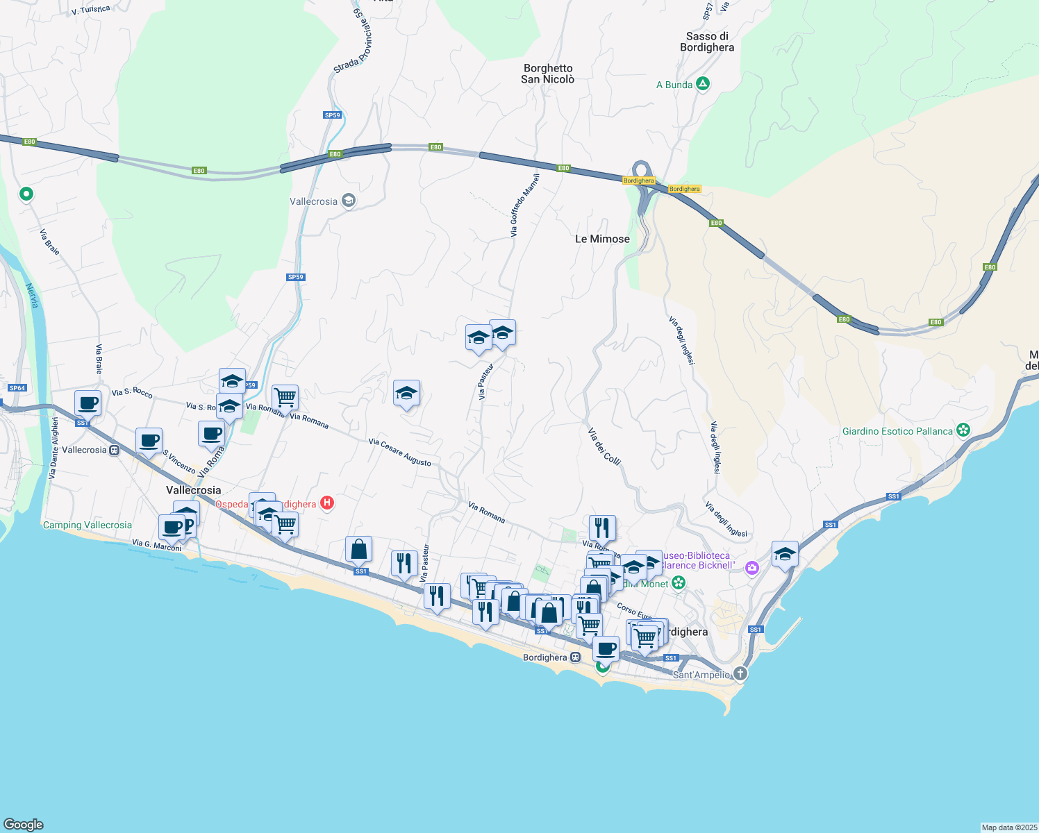 map of restaurants, bars, coffee shops, grocery stores, and more near 21 Via Principessa Mafalda in Bordighera