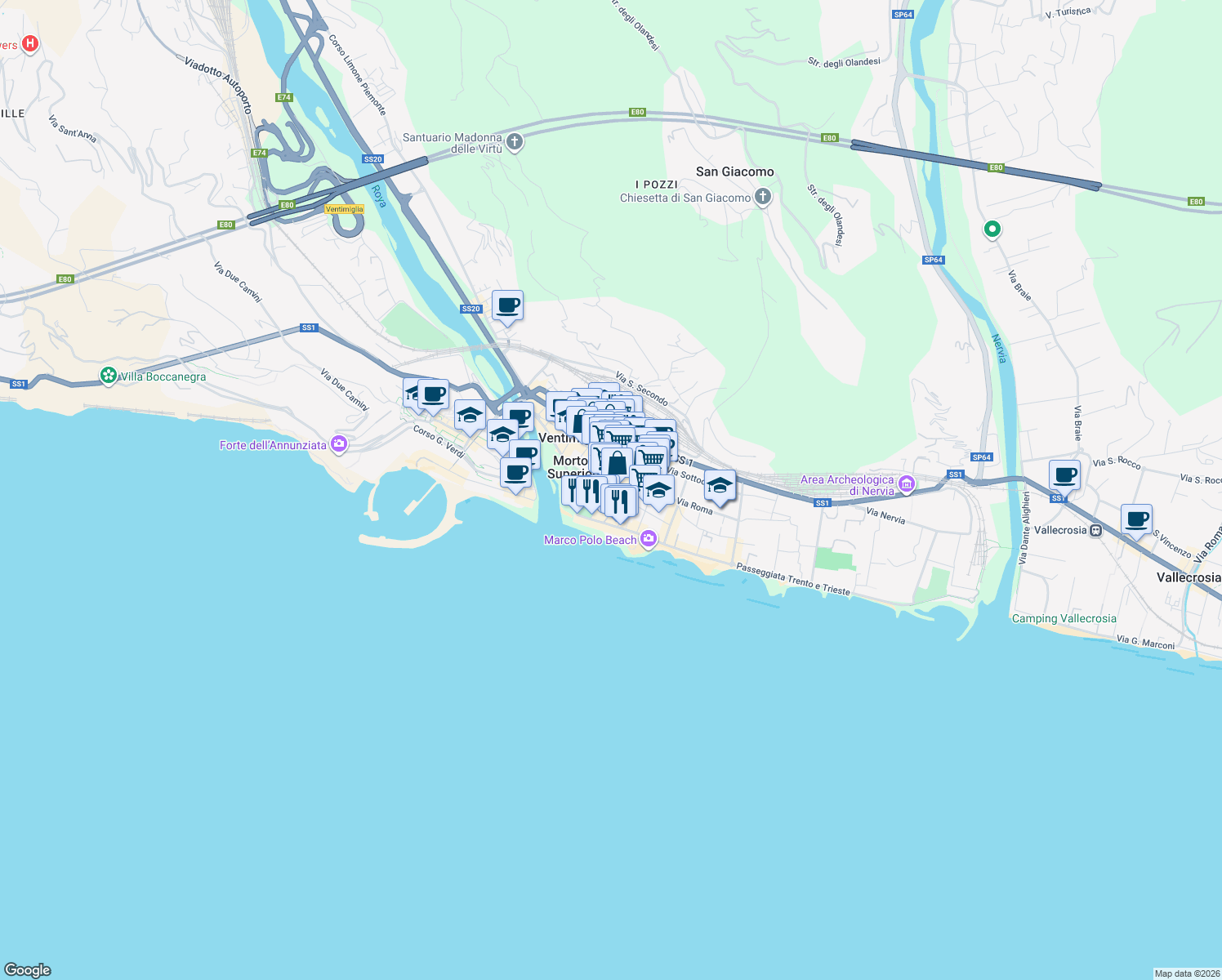 map of restaurants, bars, coffee shops, grocery stores, and more near 13 Via Vittorio Veneto in Ventimiglia