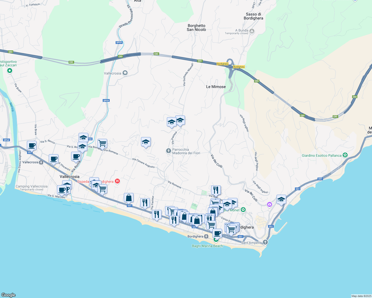 map of restaurants, bars, coffee shops, grocery stores, and more near 21 Via Principessa Mafalda in Bordighera