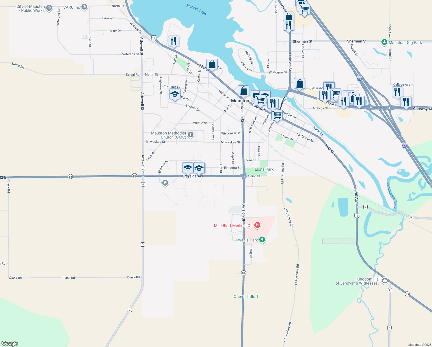 map of restaurants, bars, coffee shops, grocery stores, and more near 353 Grayside Ave in Mauston