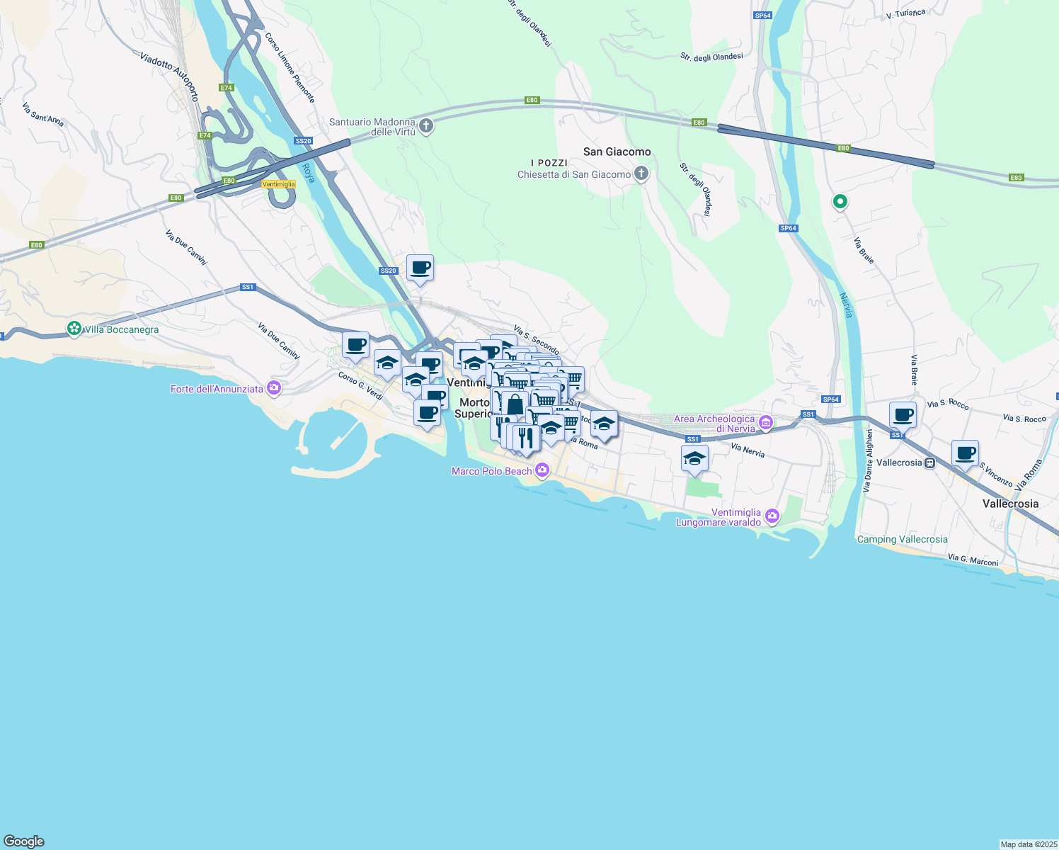 map of restaurants, bars, coffee shops, grocery stores, and more near 7 Via Fondega in Ventimiglia
