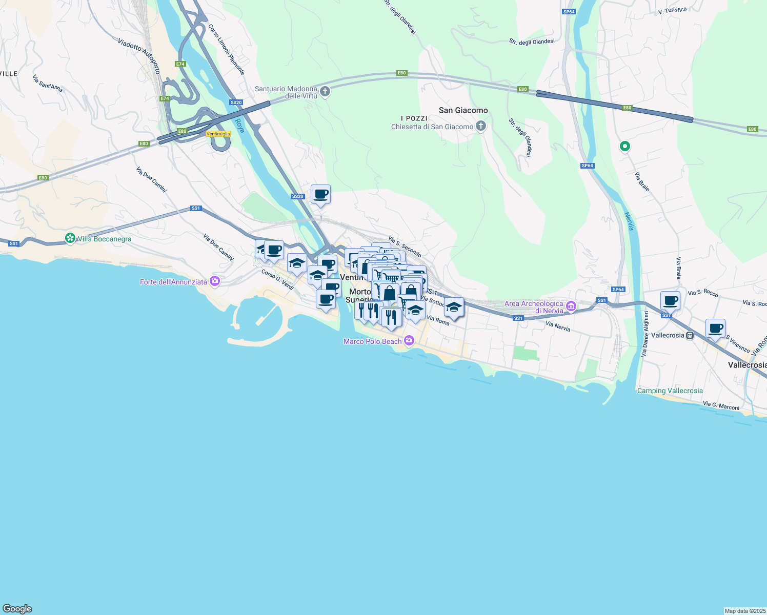 map of restaurants, bars, coffee shops, grocery stores, and more near 11 Via Vittorio Veneto in Ventimiglia